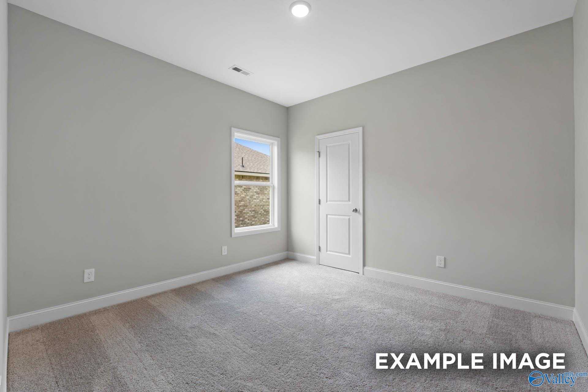 Empty secondary bedroom featuring gray walls, large window, white door, and plush carpet in The Everett 4-bedroom home, Meridianville, Alabama