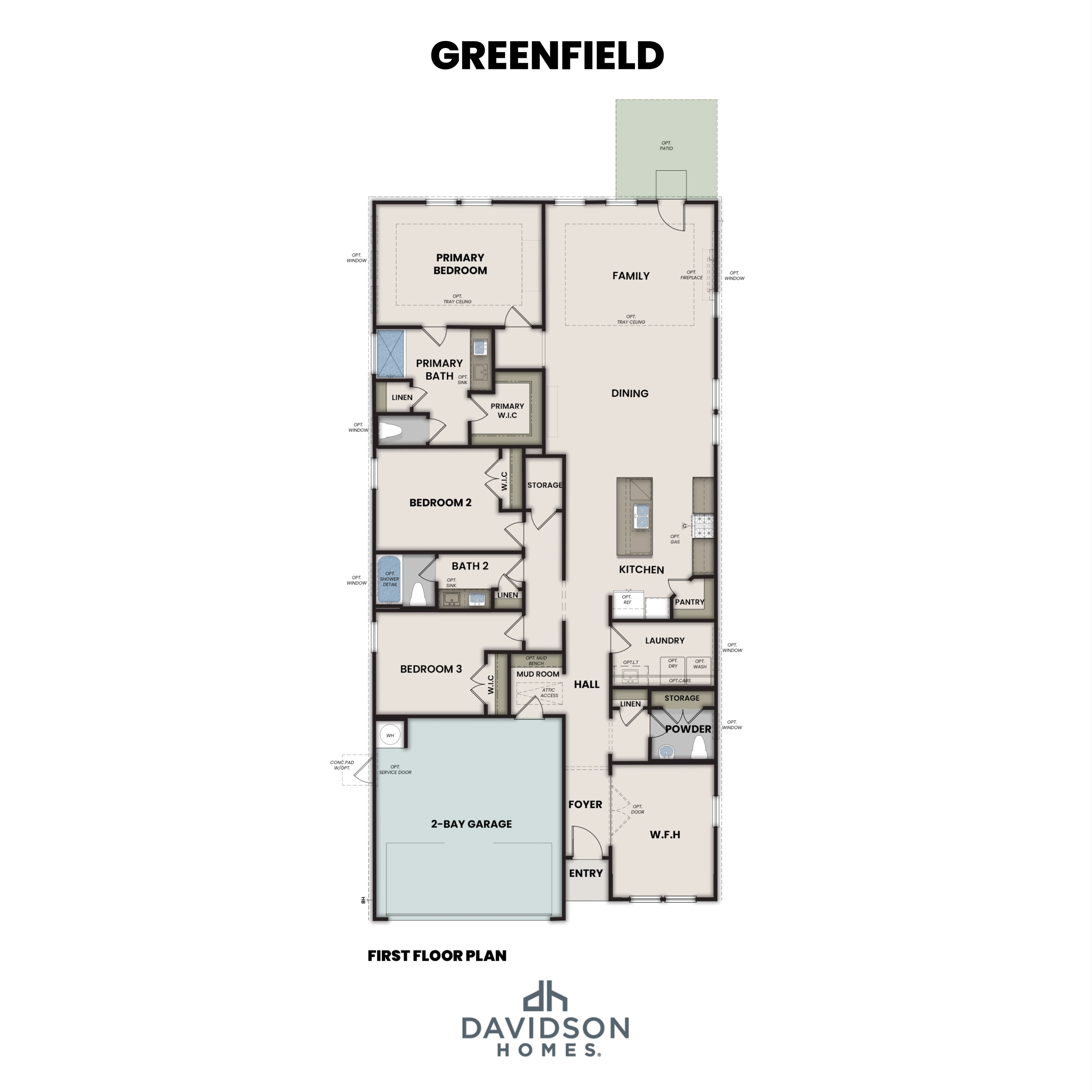 First floor plan of The Greenfield showcasing primary suite, open kitchen-dining-family areas, 3 bedrooms, 2 baths, 2-car garage