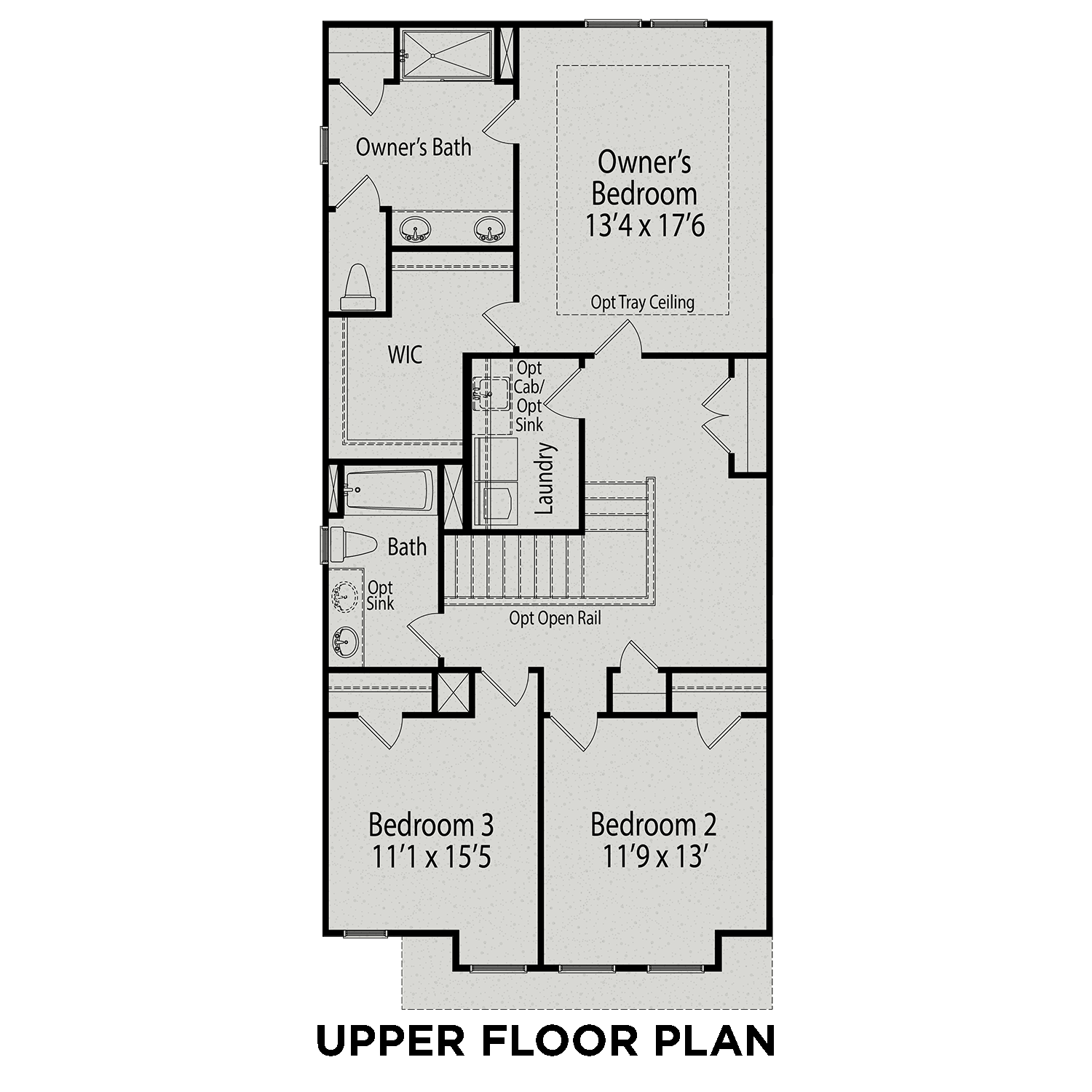 Upper floor plan of The Wake showcasing owner's suite, two bedrooms, baths, and laundry in 3BR Lillington NC design