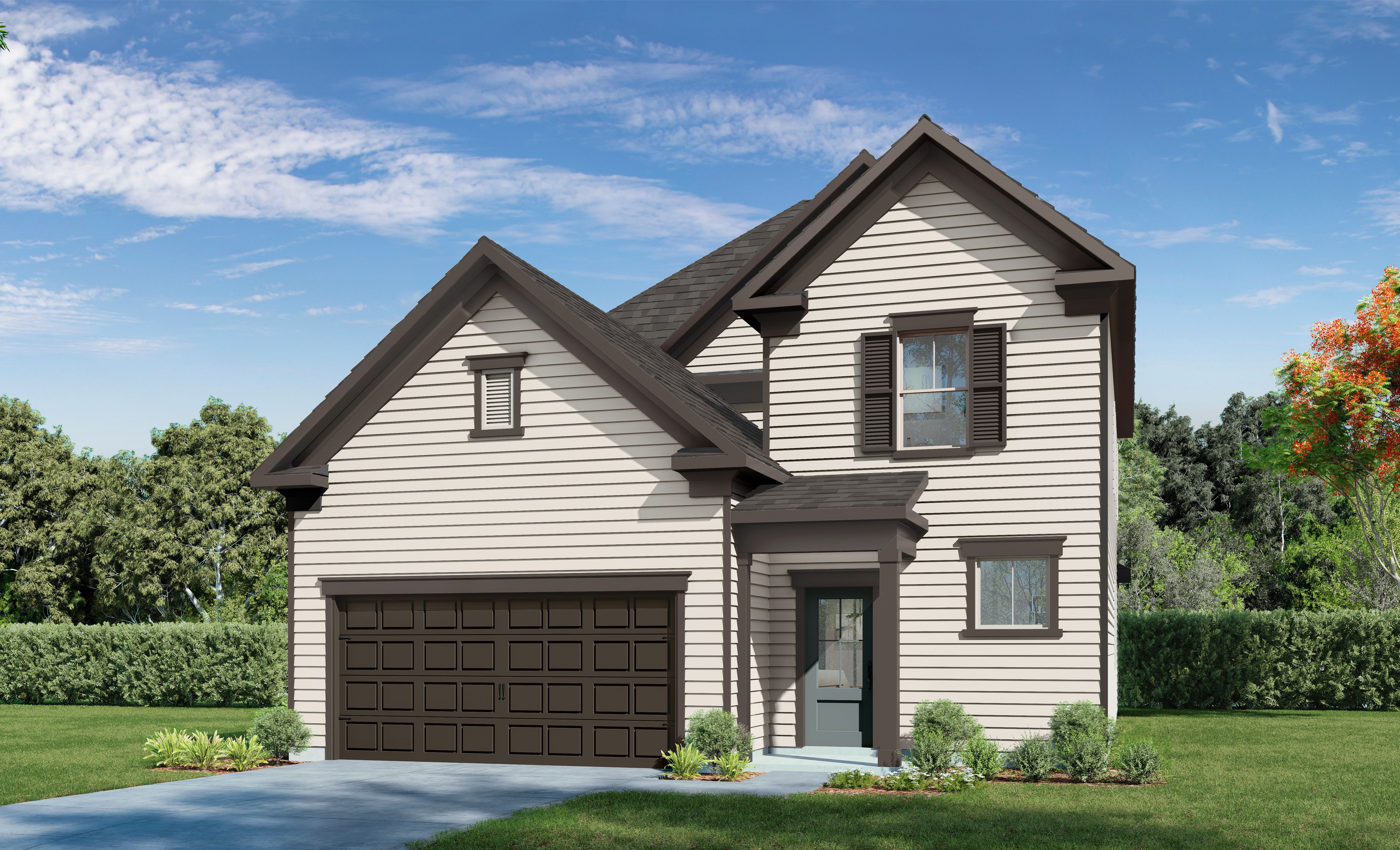 Two-story Verano B home elevation with beige siding, dark trim, 2-car garage, and front porch by Davidson Homes in Katy, TX