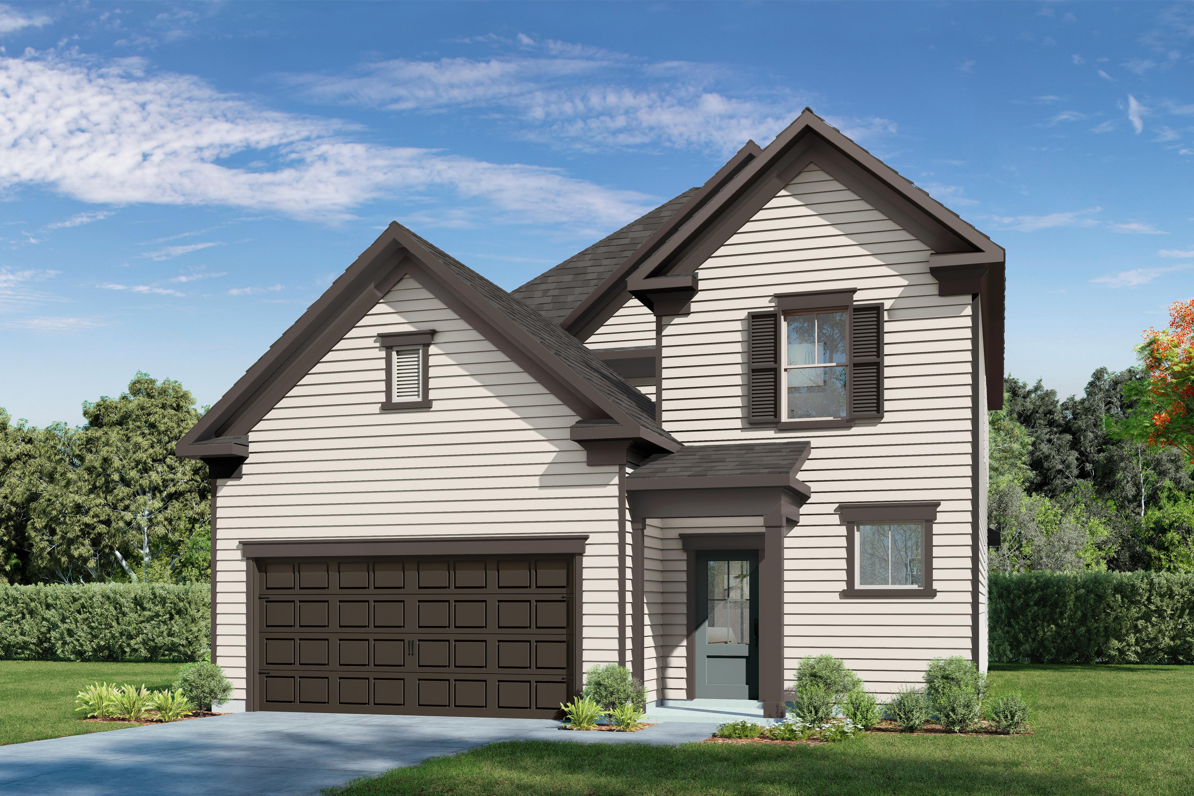 Two-story Verano B home elevation with beige siding, dark trim, 2-car garage, and front porch by Davidson Homes in Katy, TX