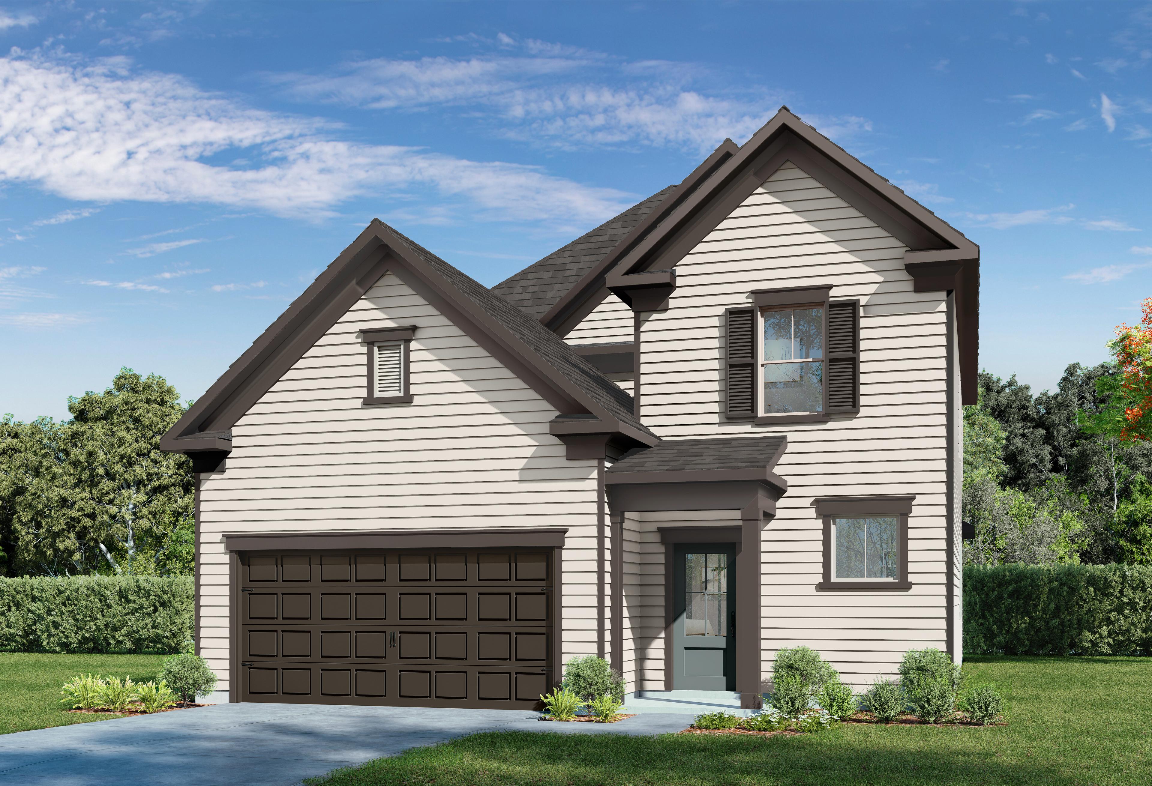 Two-story Verano B home elevation with beige siding, dark trim, 2-car garage, and front porch by Davidson Homes in Katy, TX