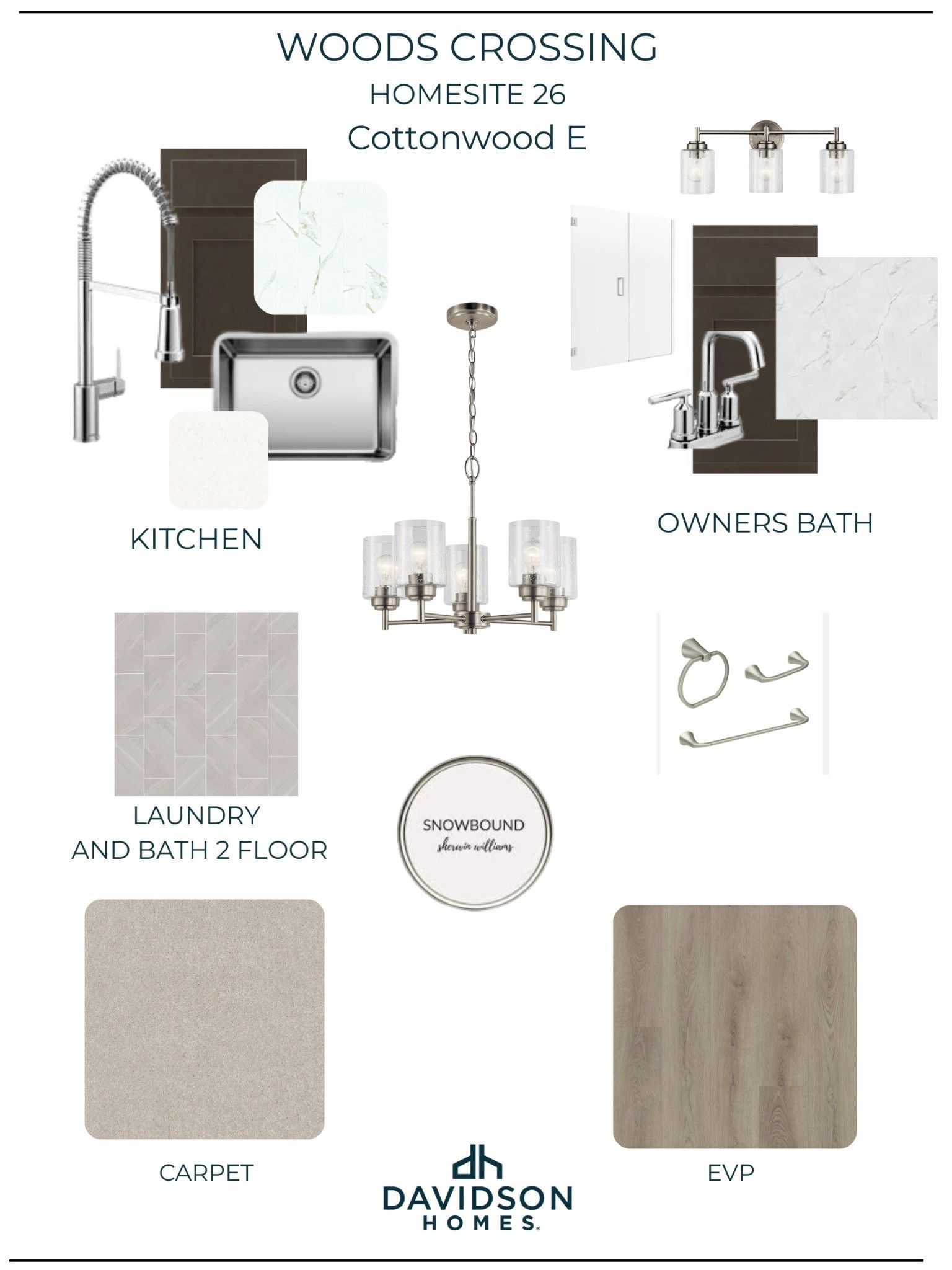 Design board for Cottonwood E kitchen, owner's bath, and laundry with faucets, lighting, tiles, and carpet in Woods Crossing, Gallatin, TN by Davidson Homes