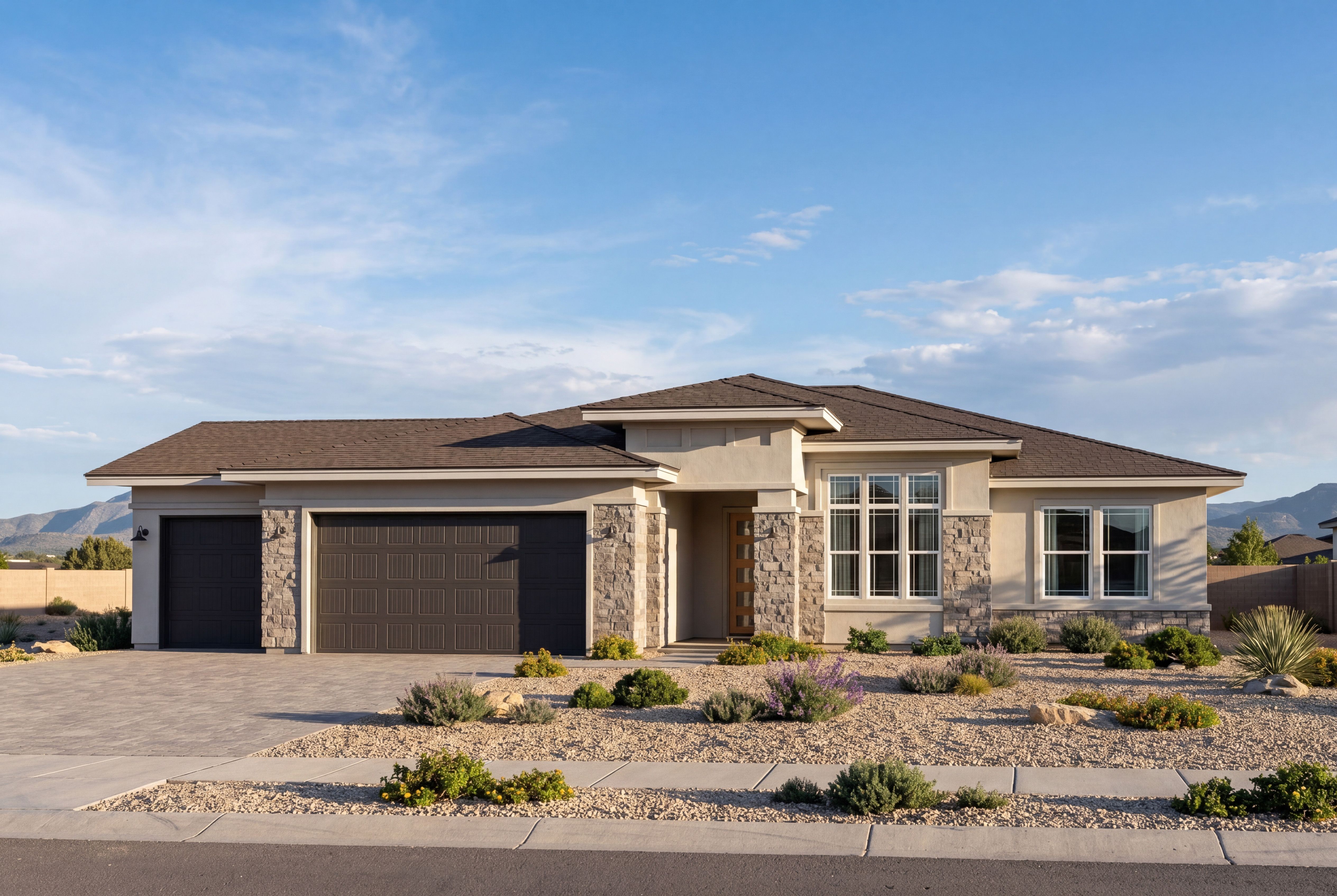 Modern exterior of The Aurea C home in Prescott featuring a stone facade and 3-car garage in a desert landscape.