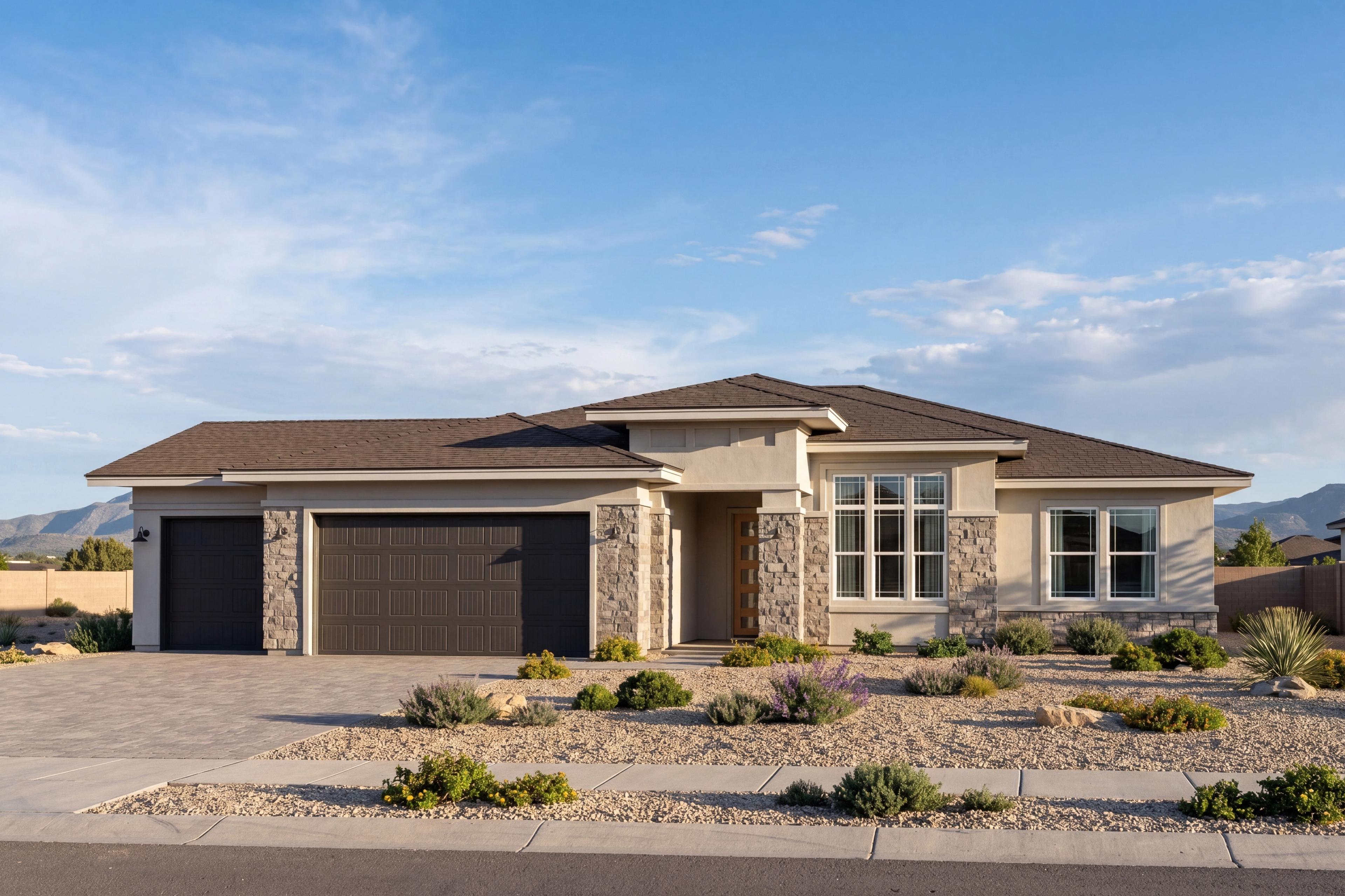 Modern exterior of The Aurea C home in Prescott featuring a stone facade and 3-car garage in a desert landscape.