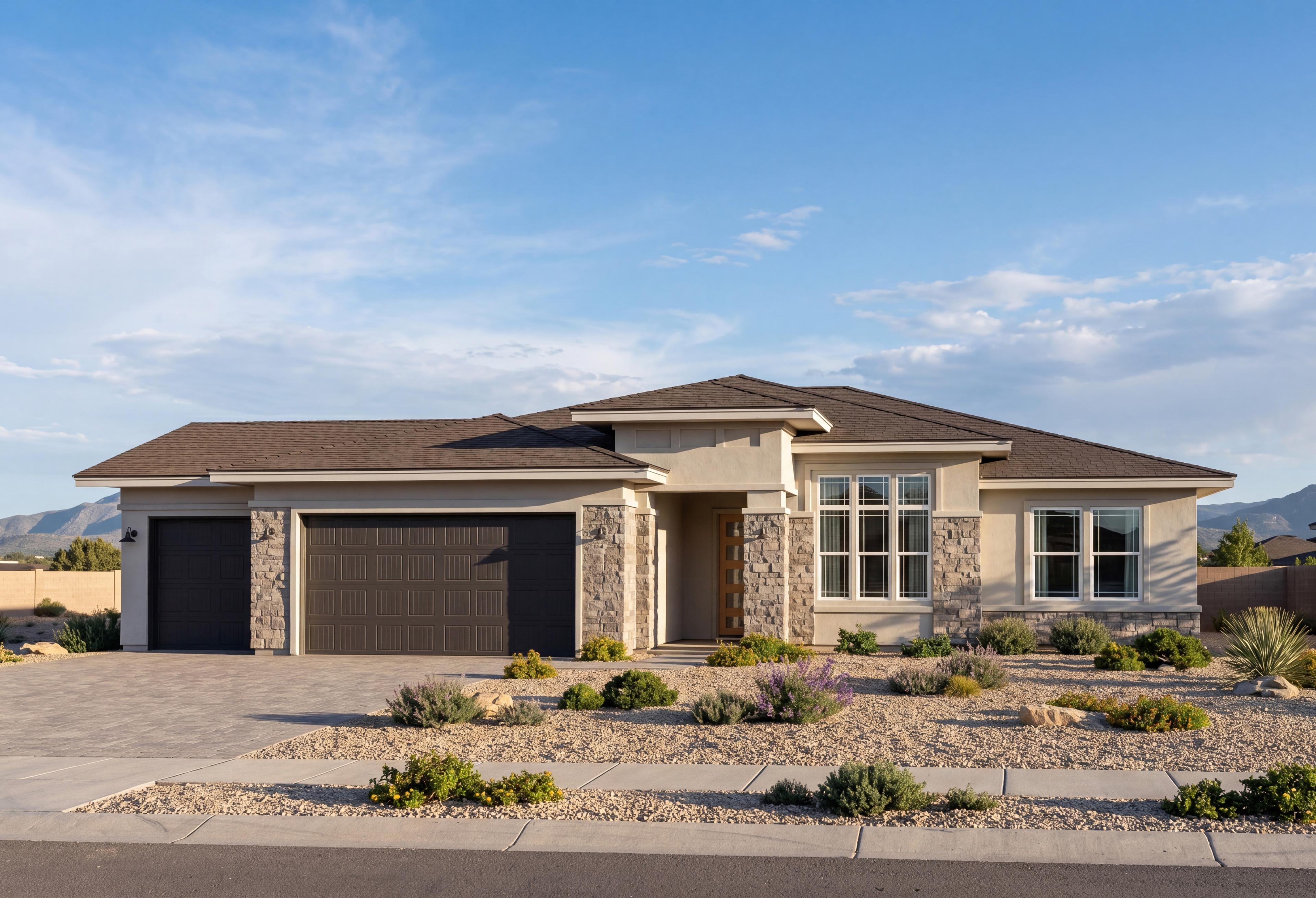 Modern exterior of The Aurea C home in Prescott featuring a stone facade and 3-car garage in a desert landscape.
