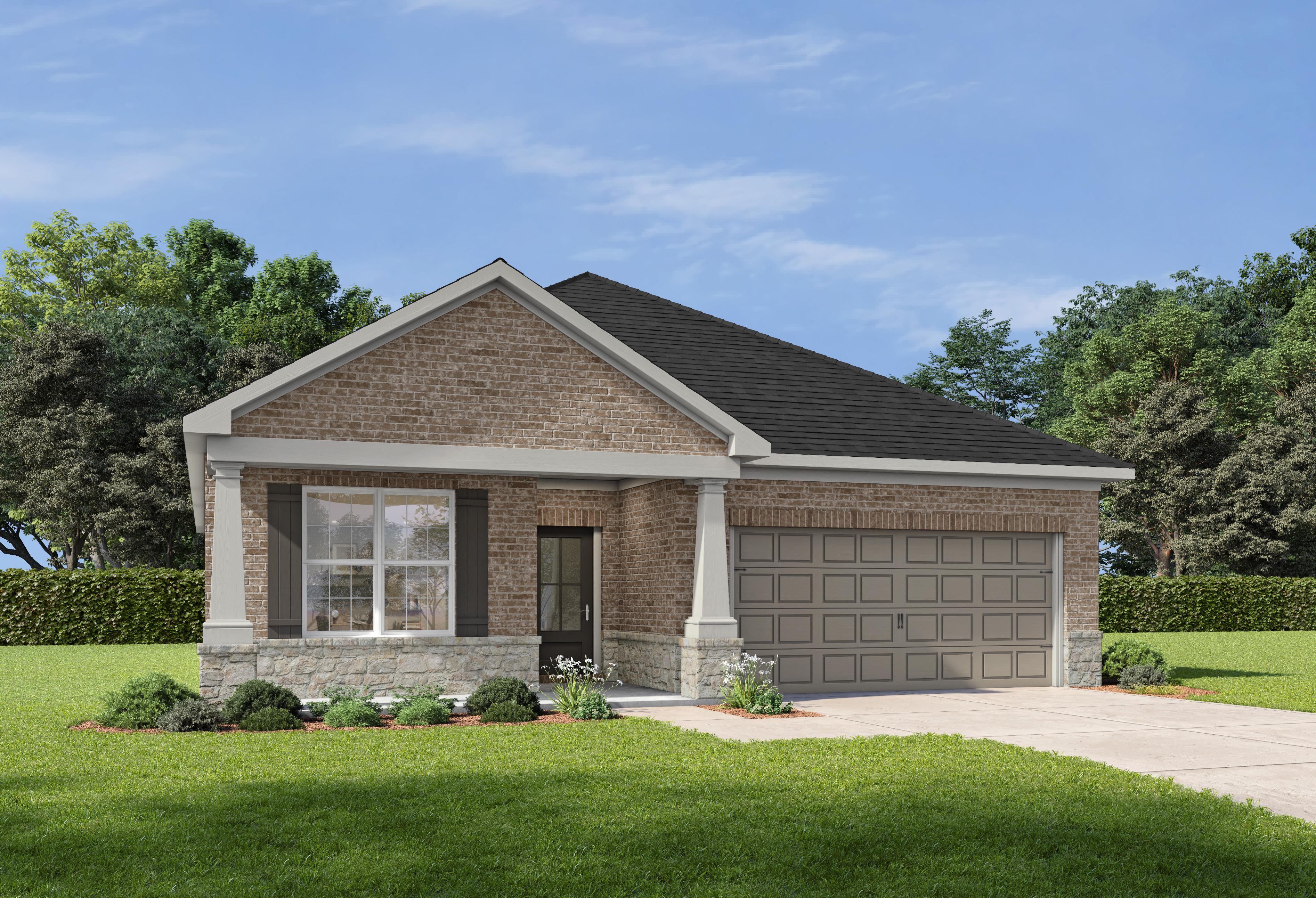 The Holly C one-story home elevation featuring brick and stone facade, two-car garage, covered porch, and lush landscaped yard
