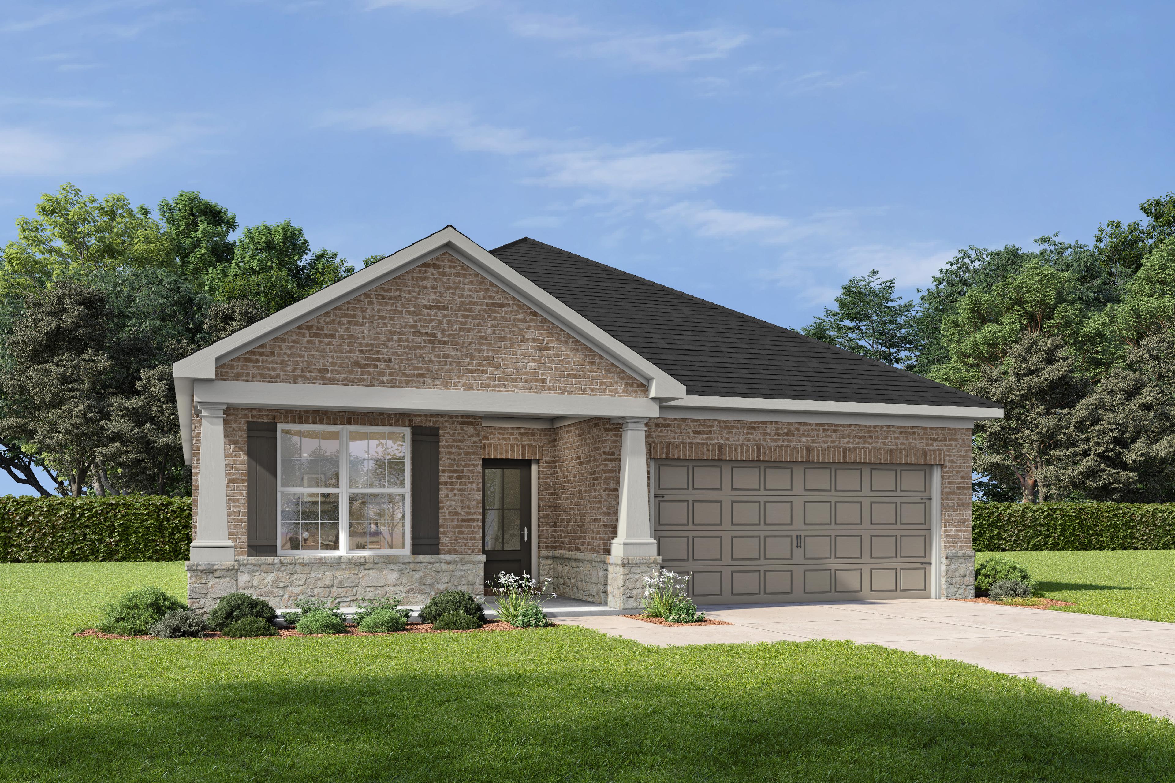 The Holly C one-story home elevation featuring brick and stone facade, two-car garage, covered porch, and lush landscaped yard