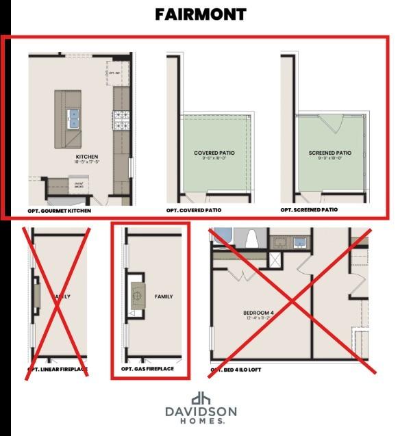 Fairmont C floor plan options by Davidson Homes showing gourmet kitchen, covered patio, screened patio, and fireplace upgrades