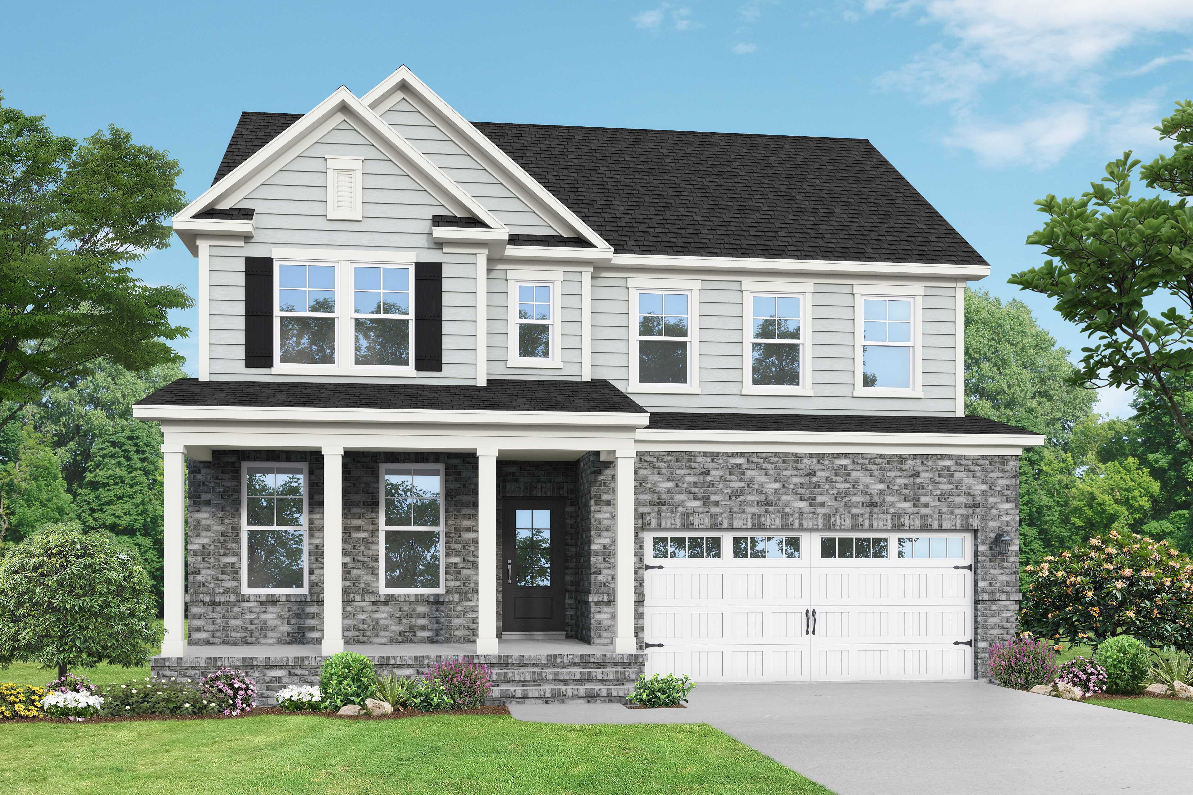 Two-story Chestnut home elevation by Davidson Homes: gray siding, stone accents, covered porch, 2-car garage, Belmont NC landscaping