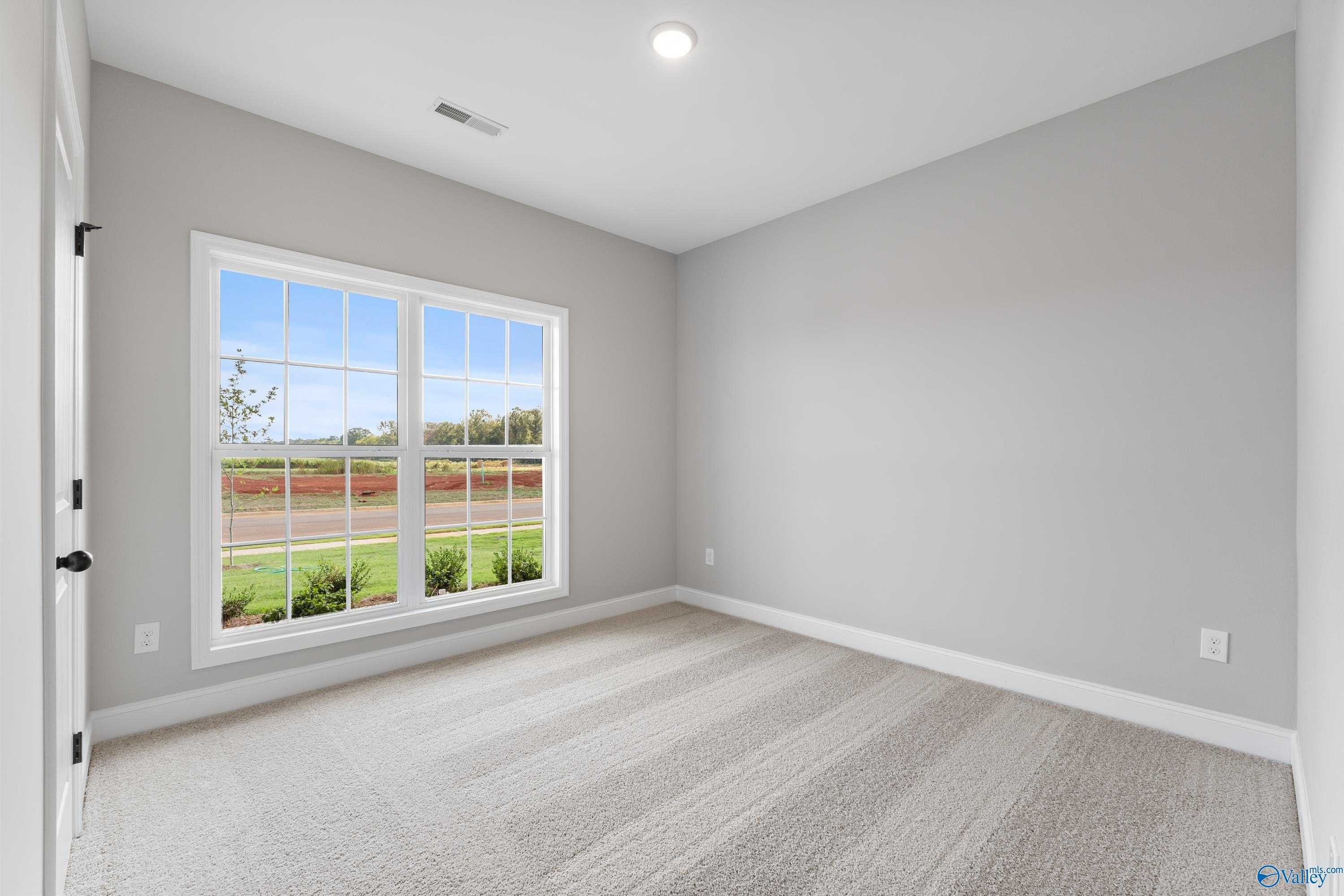 Bright secondary bedroom with gray walls, beige carpet, and large window overlooking fields in Davidson Homes The Franklin B, Hazel Green, AL