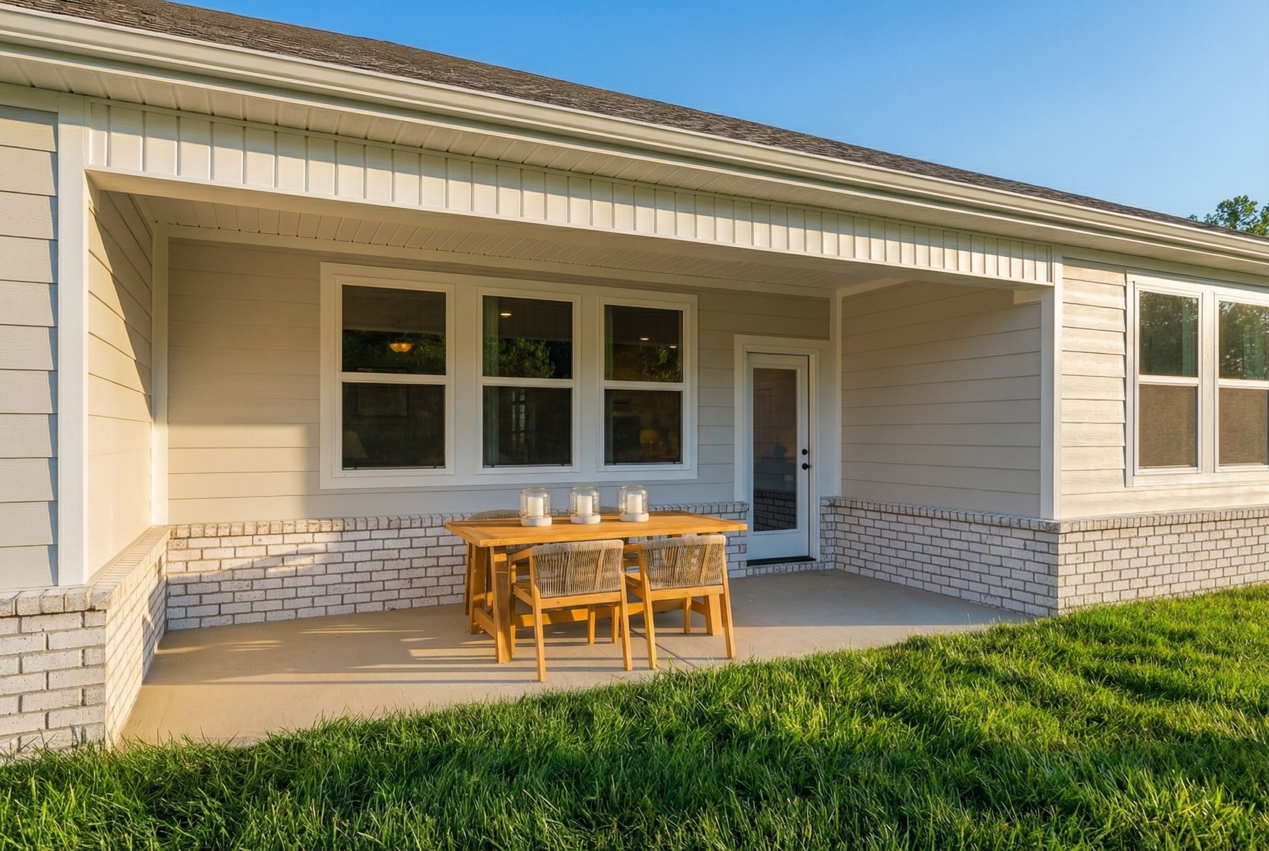 Covered patio at Noble Ridge in Cullman Alabama featuring wooden dining table, chairs, and lush green lawn