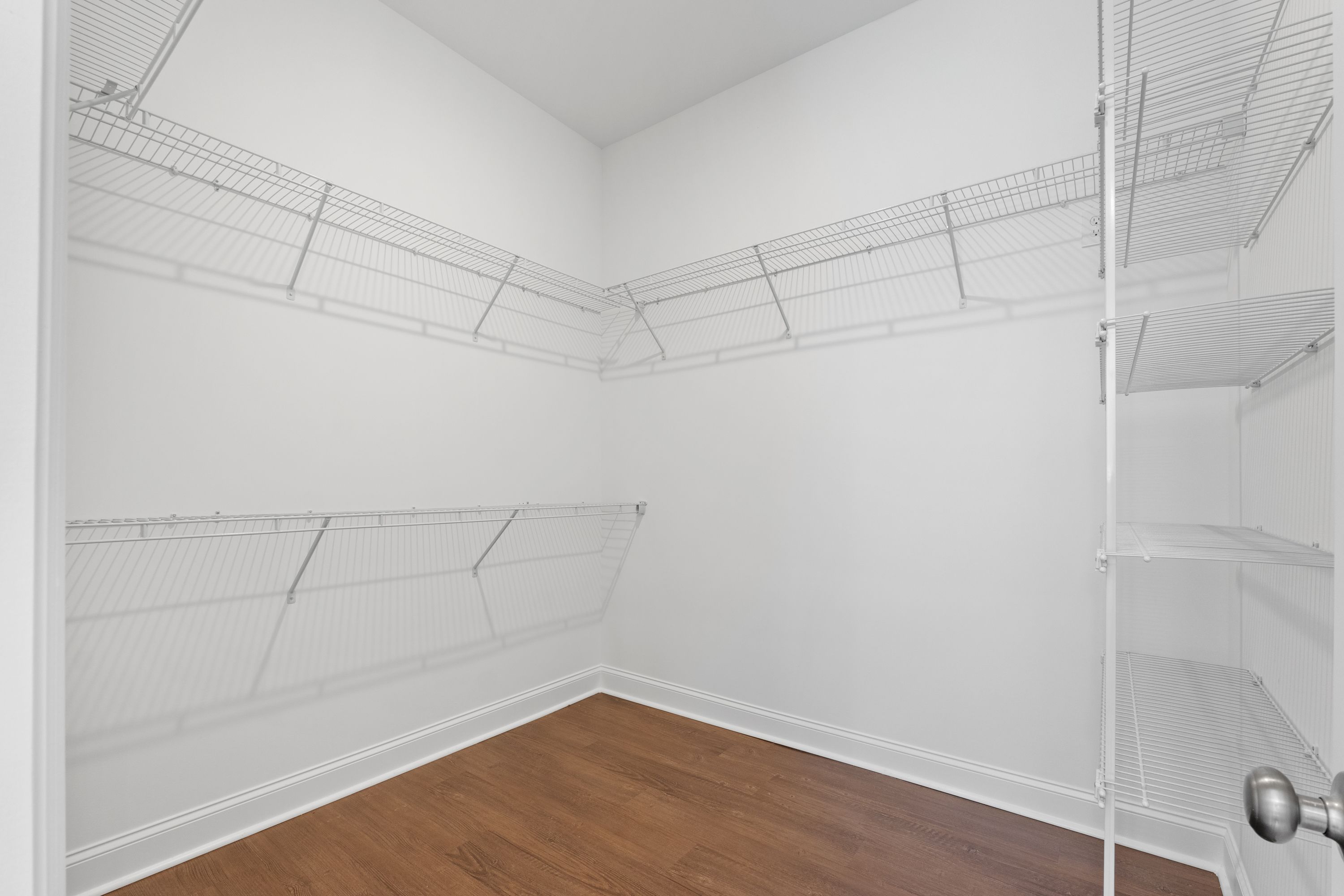 Spacious walk-in closet in The Haven D master suite featuring wire shelving, white walls, and hardwood floors