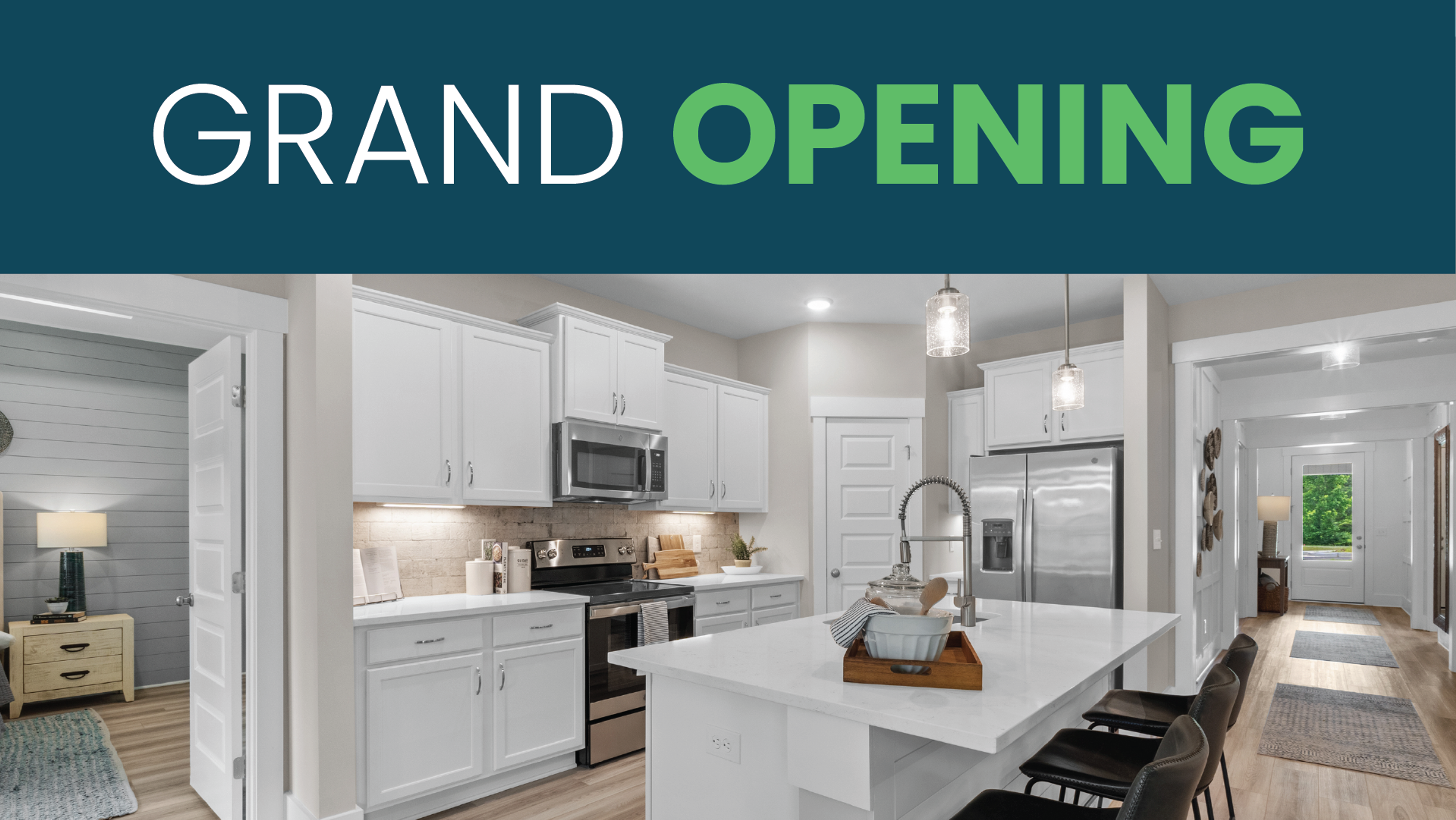 Ramsay Cove Grand Opening banner showcasing modern white kitchen with island, stainless appliances, and open hallway in Davidson Homes Huntsville community