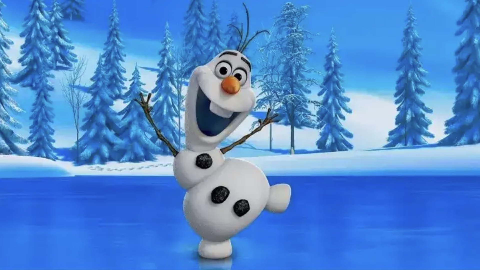 Olaf snowman waving happily on icy lake with snowy pine trees, Frosty Photo event at Village at Shallowford by Davidson Homes