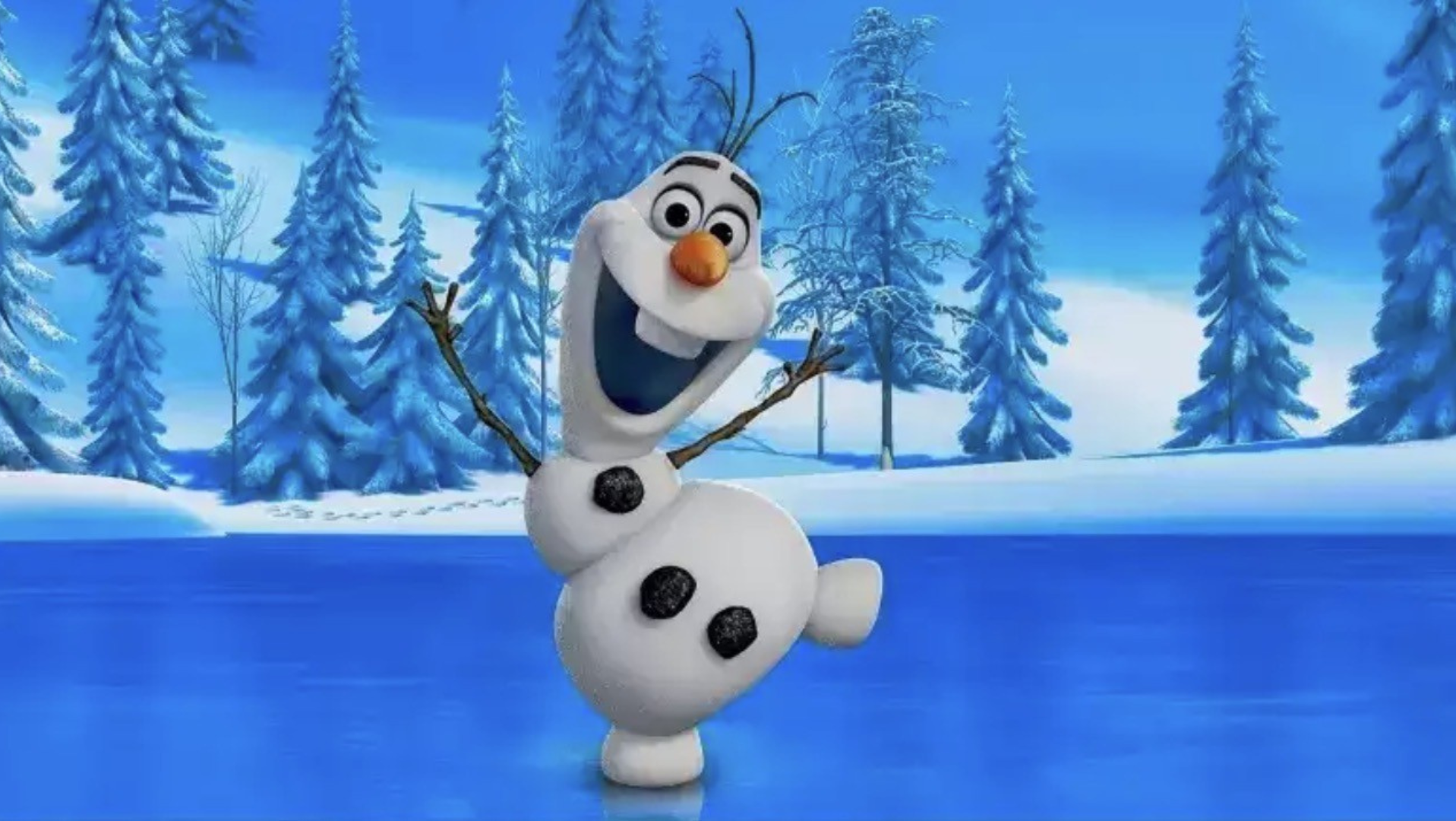 Olaf snowman waving happily on icy lake with snowy pine trees, Frosty Photo event at Village at Shallowford by Davidson Homes