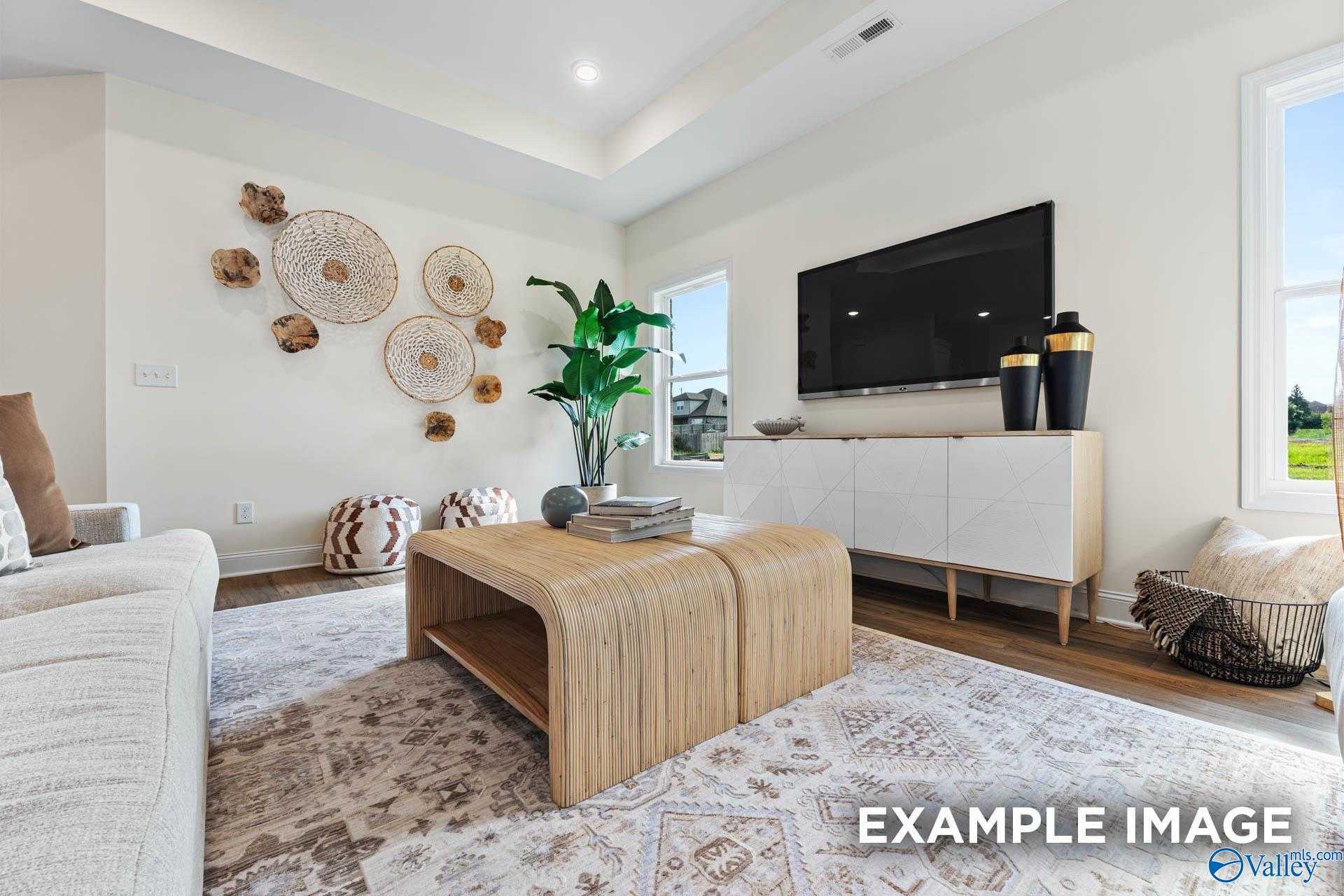 Cozy living room with tray ceiling, woven wall baskets, beige sofa, wooden coffee table, and large windows in Davidson Homes The Franklin, Huntsville