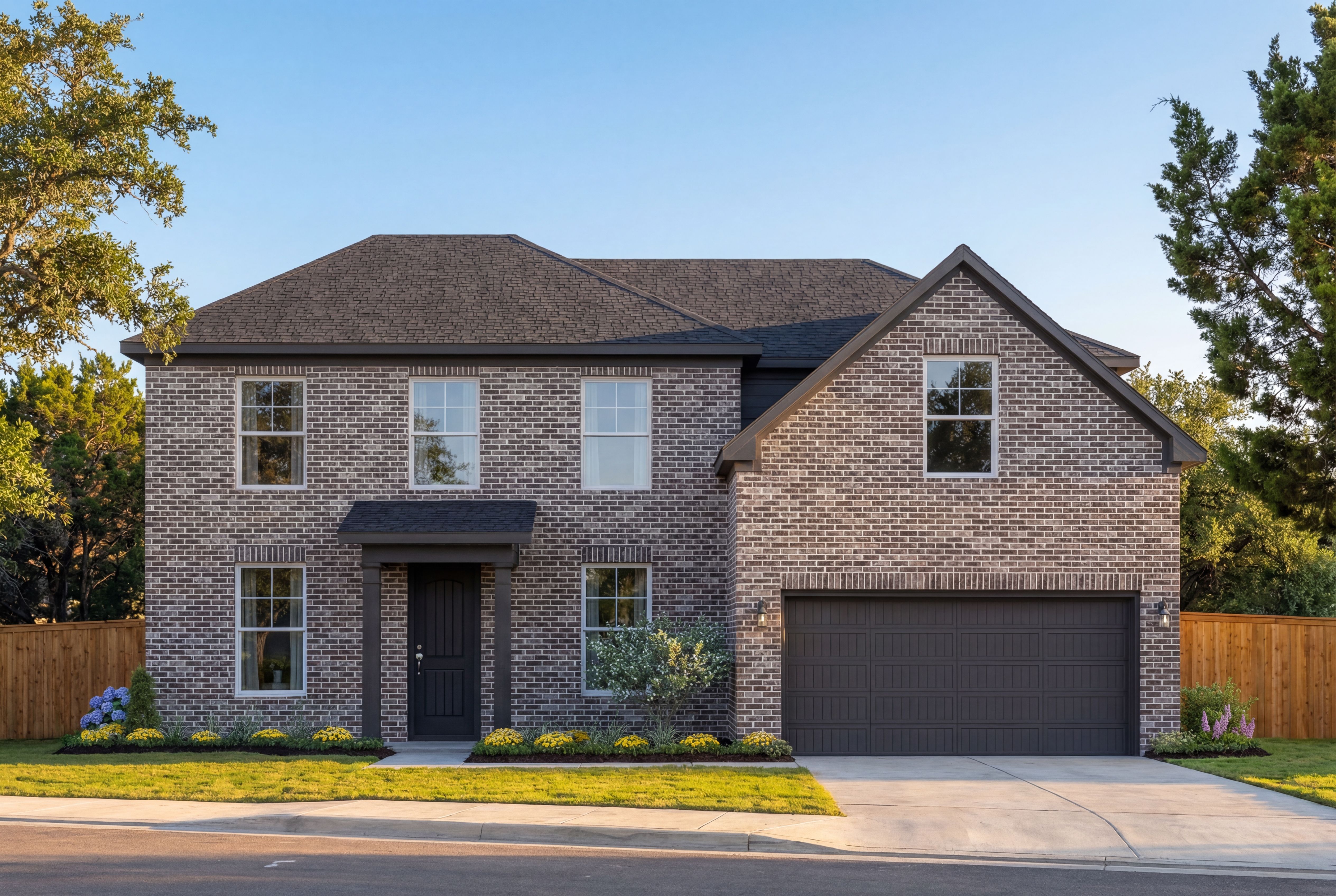 Modern two-story brick home elevation of The Danbury with dark roof, 2-car garage, and lush landscaping in Castroville