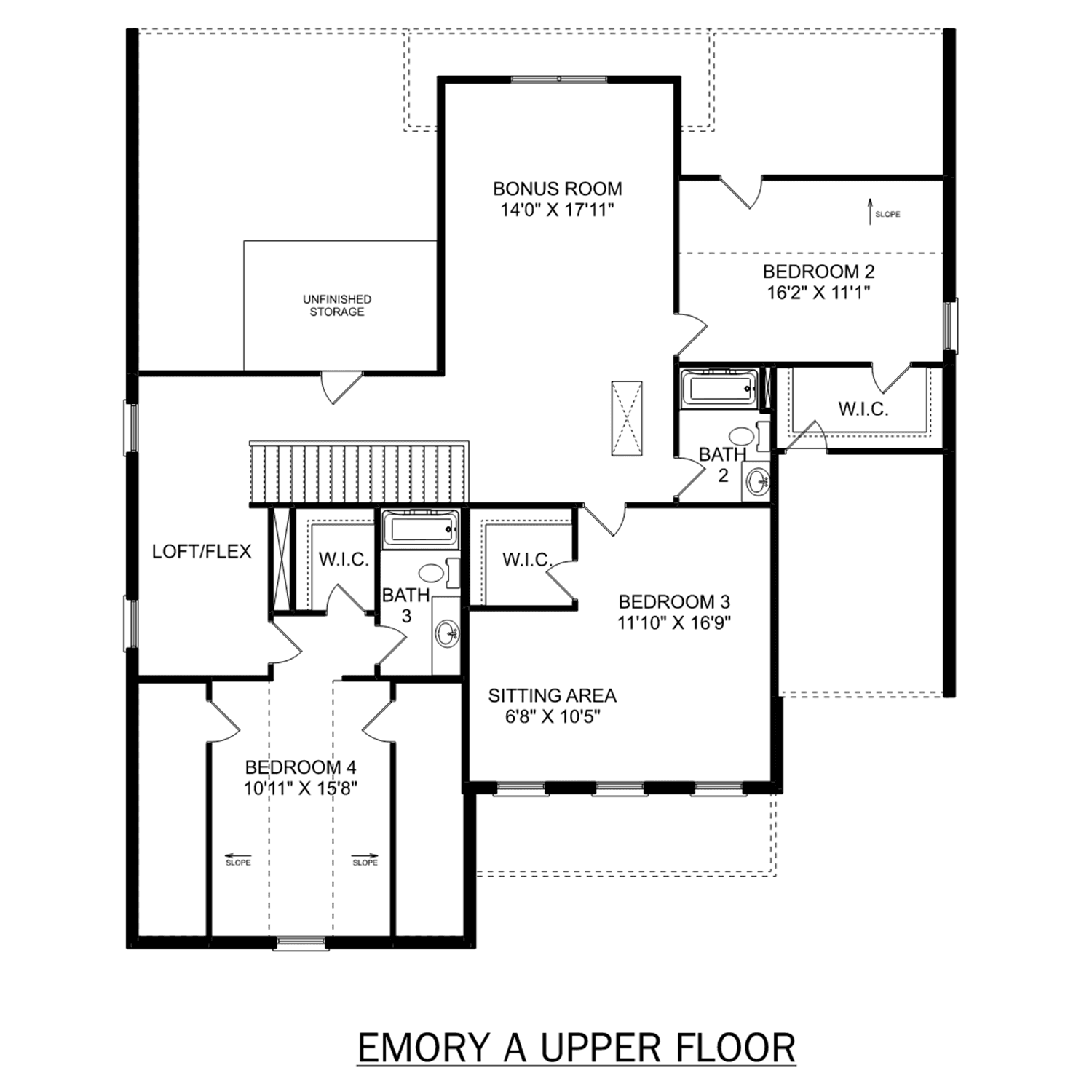 Second floor plan of The Emory home design with bonus room, bedrooms 2-4, loft, baths, and storage