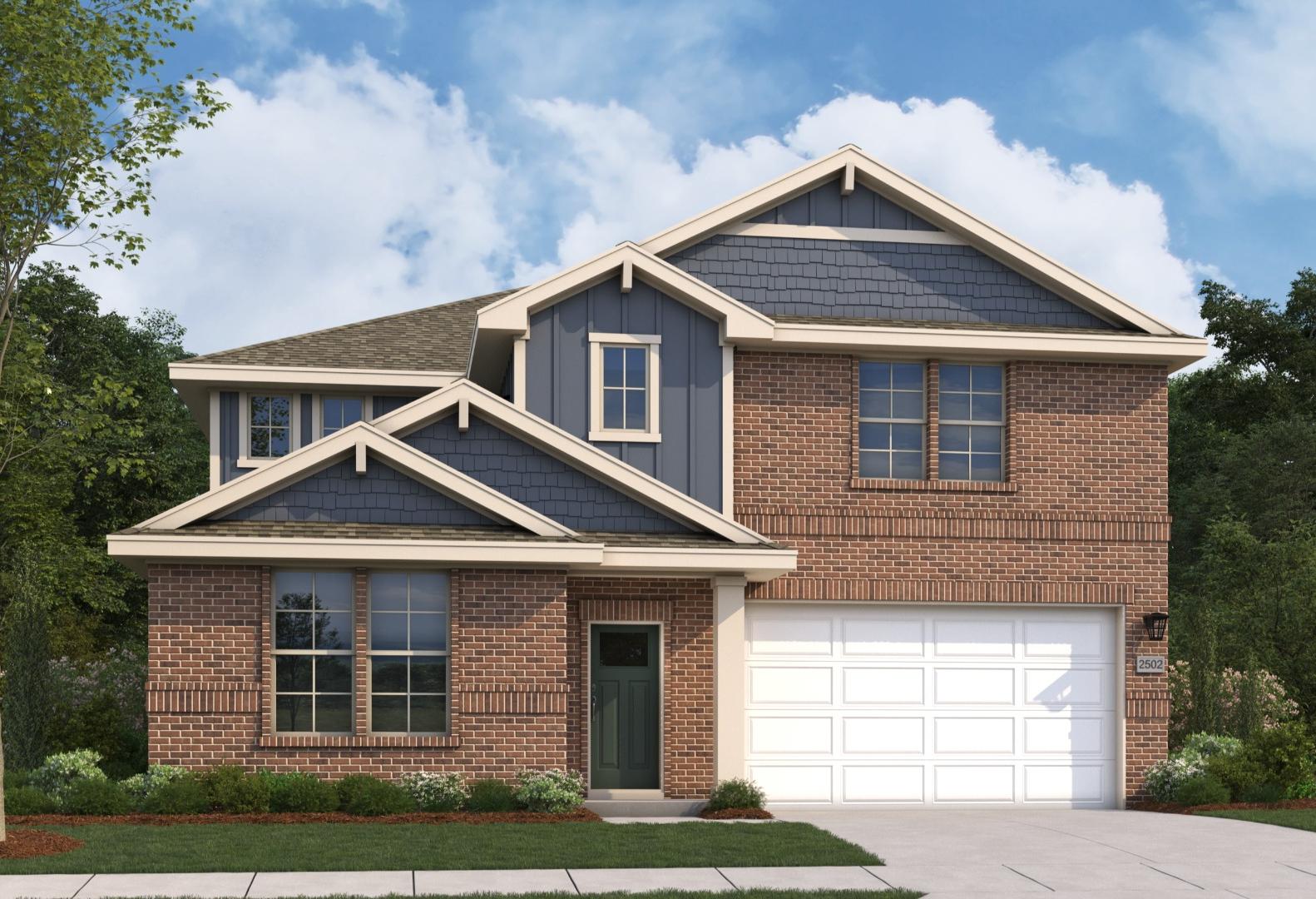 Two-story brick and shake elevation of The Radiance by Evermore Homes, featuring 2-car garage and landscaped yard in Perry, Georgia