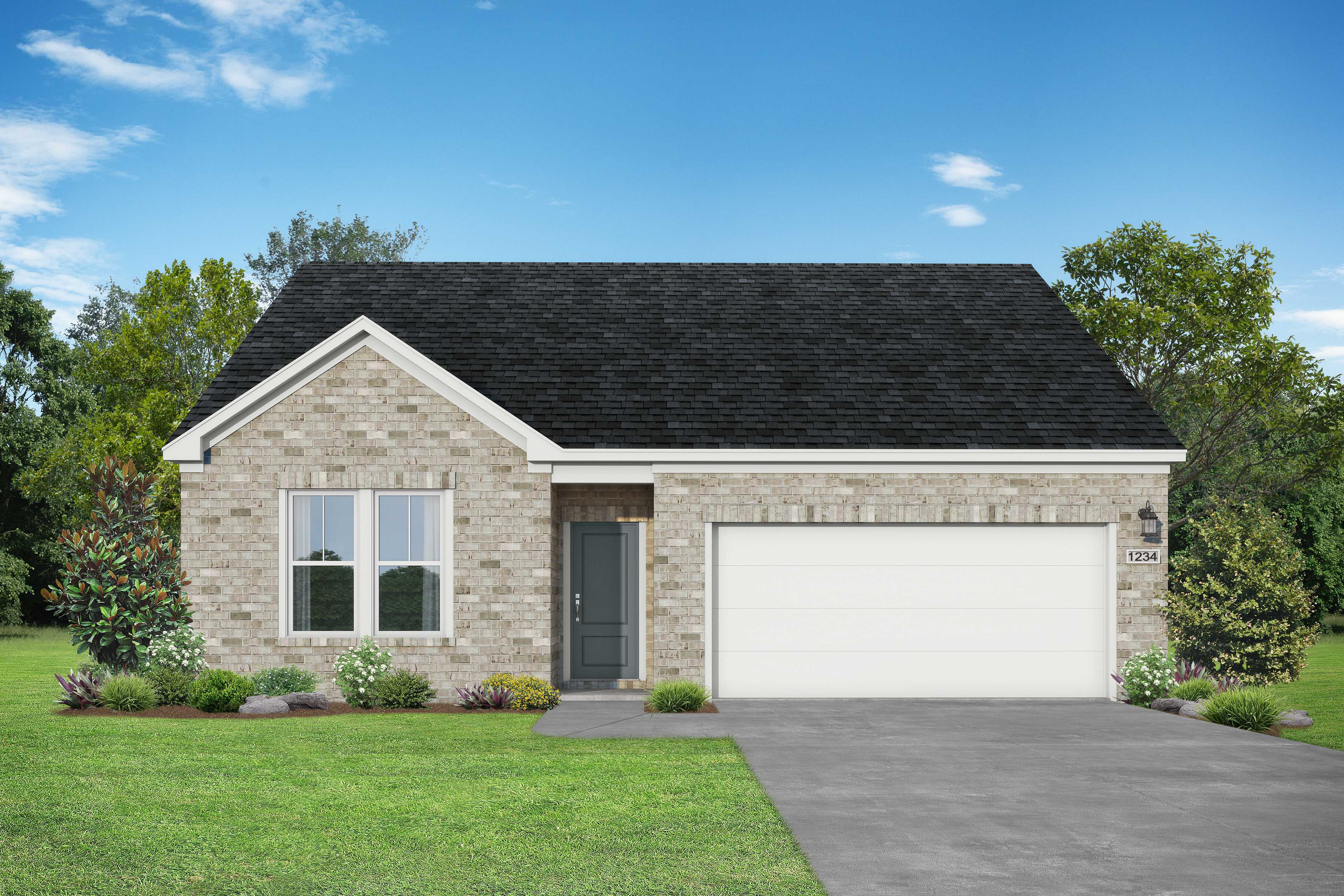 Front elevation of The Redbud B single-story home with brick siding, black roof, 2-car garage and lush landscaping in Josephine, Texas