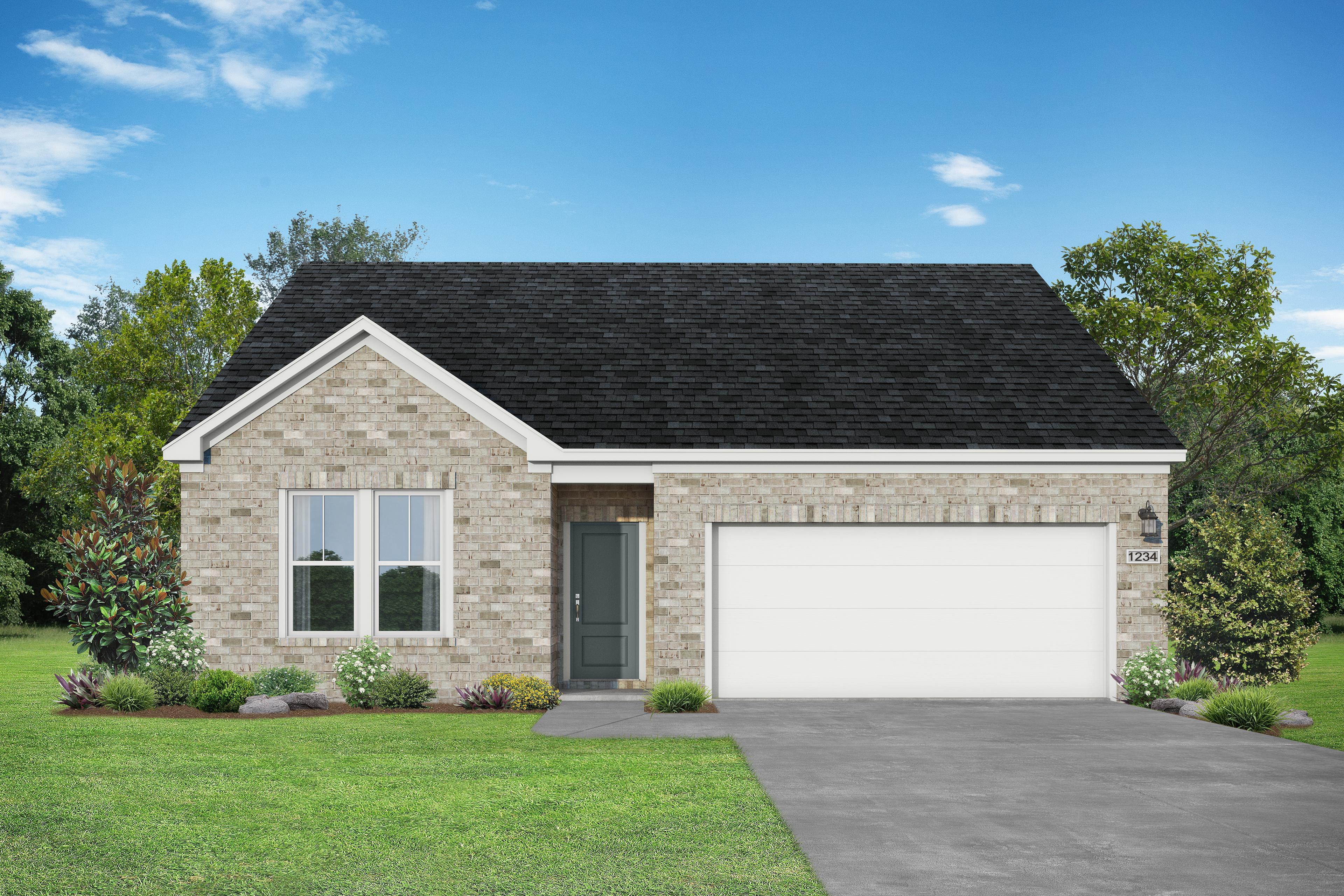 Front elevation of The Redbud B single-story home with brick siding, black roof, 2-car garage and lush landscaping in Josephine, Texas