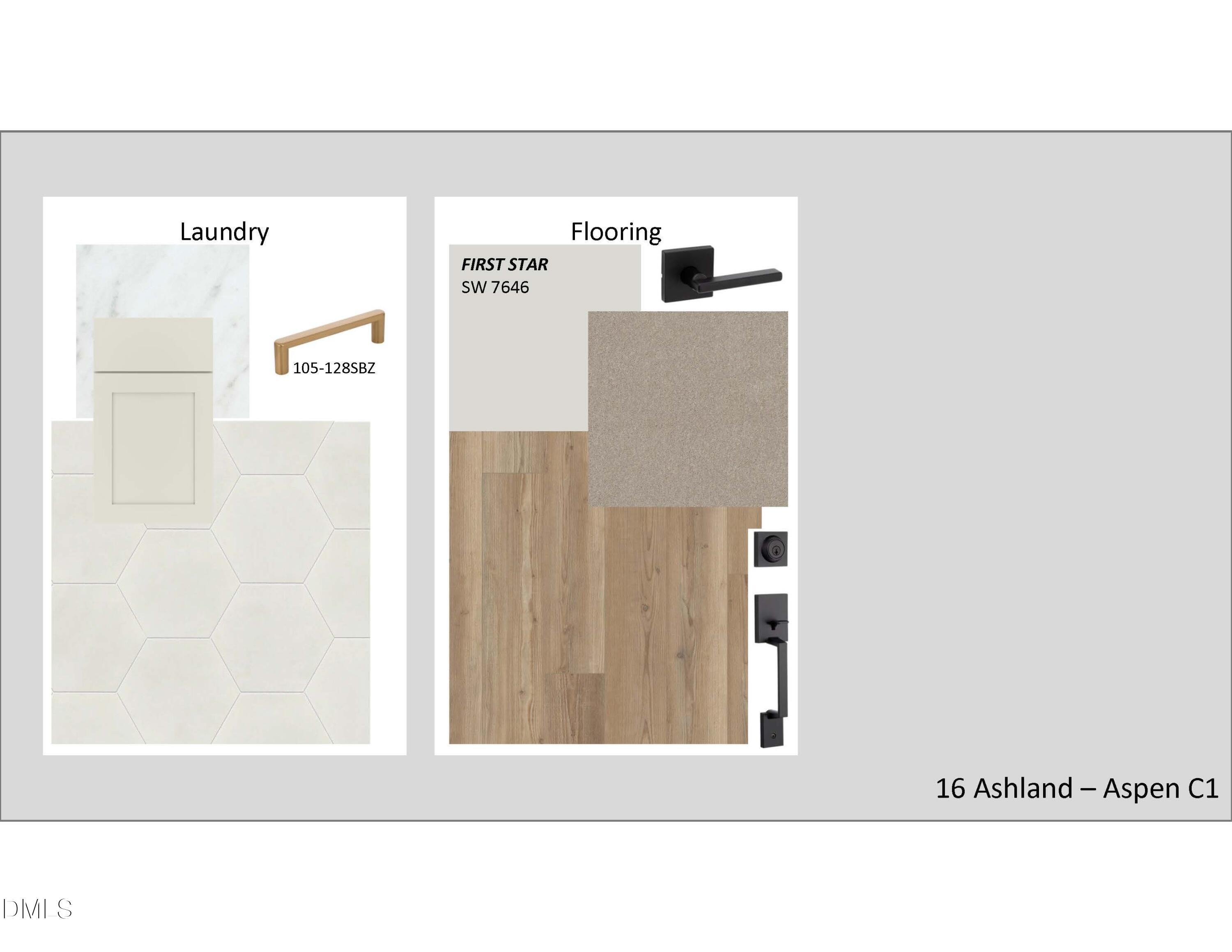 Interior design mood board for The Aspen C floor plan in Ashland, Apex, NC featuring laundry and flooring finishes.