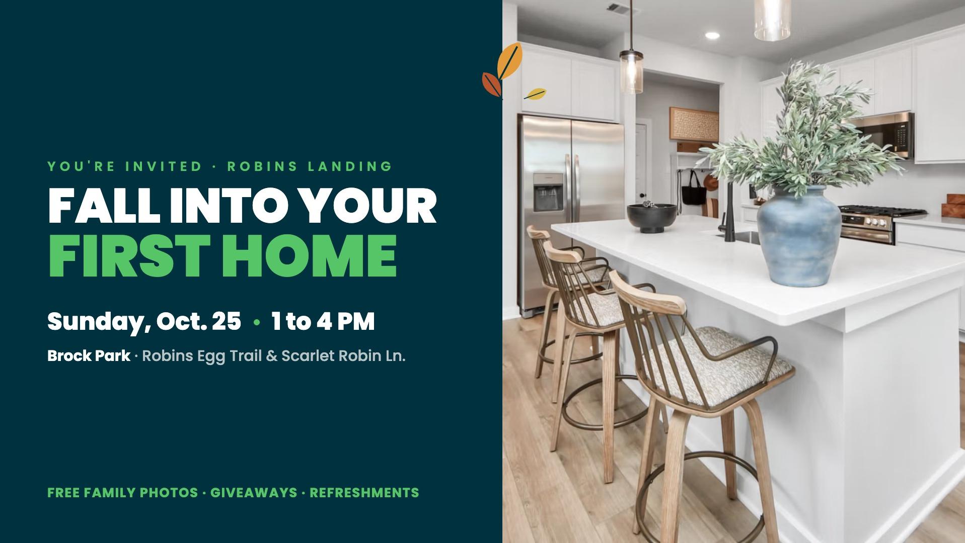 Robins Landing Fall Festival invitation with modern white kitchen featuring island bar stools, stainless steel appliances, and fall leaves