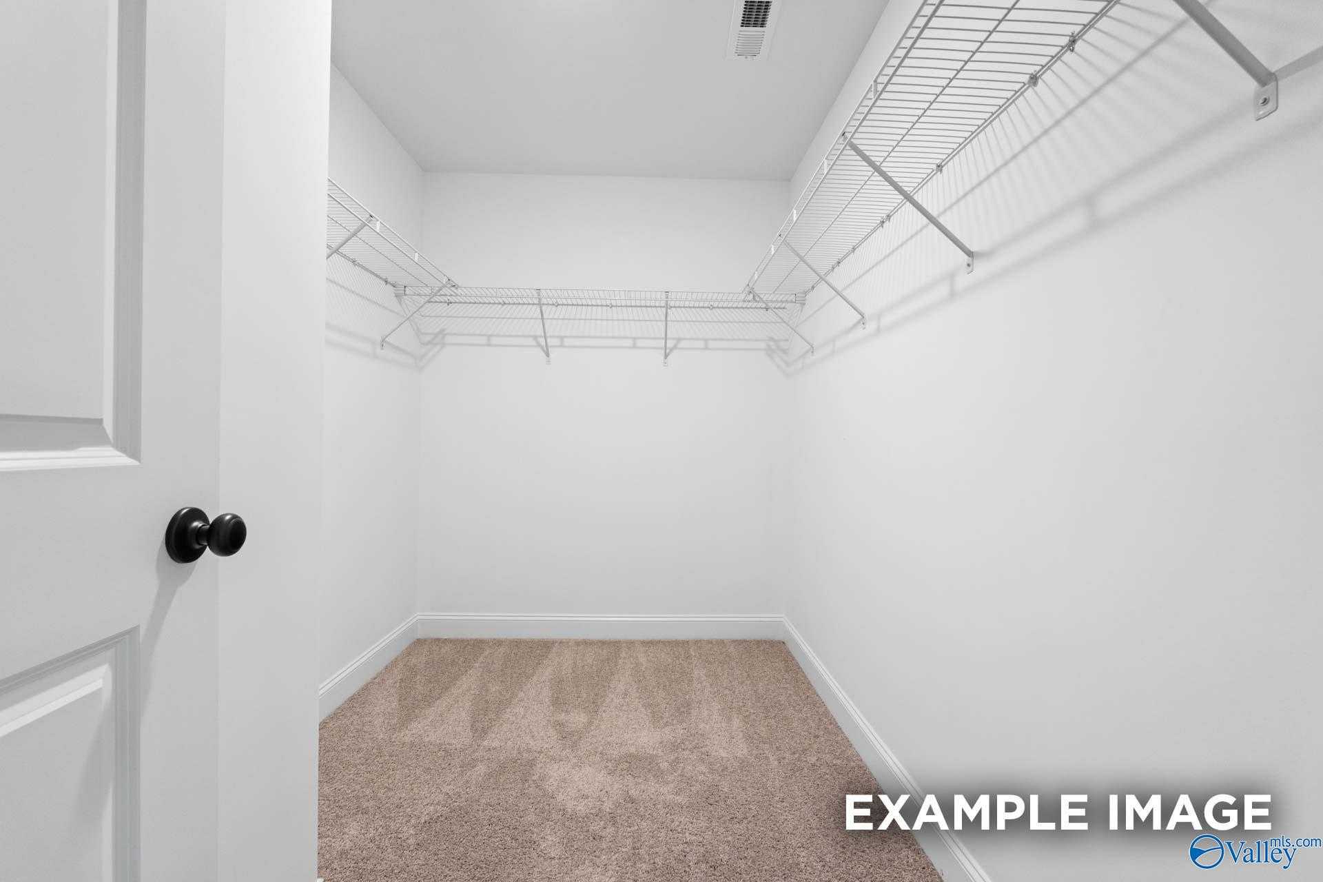 Spacious walk-in closet with wire shelving and beige carpet in Davidson Homes The Camden D, Huntsville, Alabama
