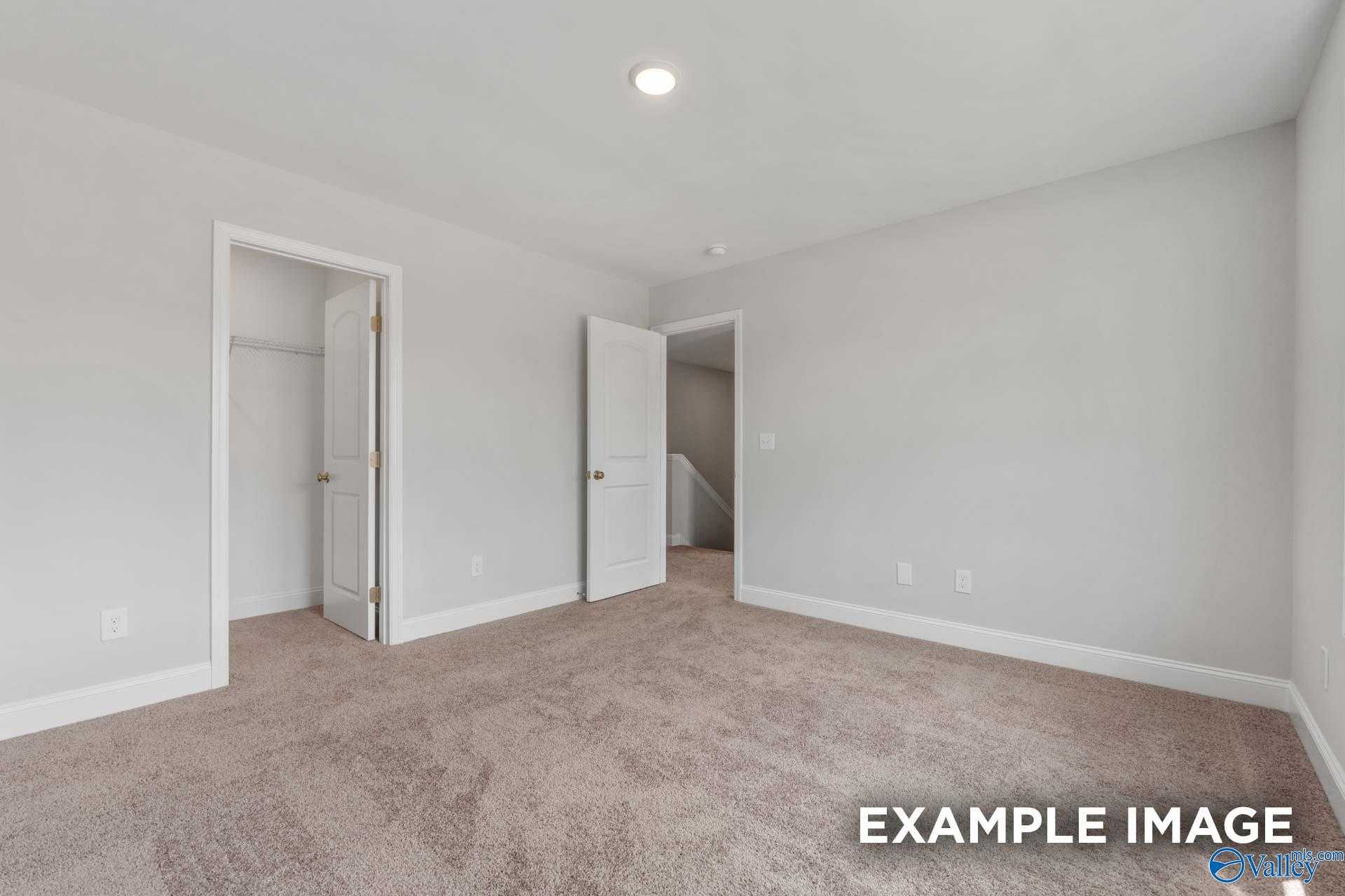 Spacious empty bedroom with light gray walls, beige carpet, open closet door in Davidson Homes The Shelby C, Meridianville, Alabama