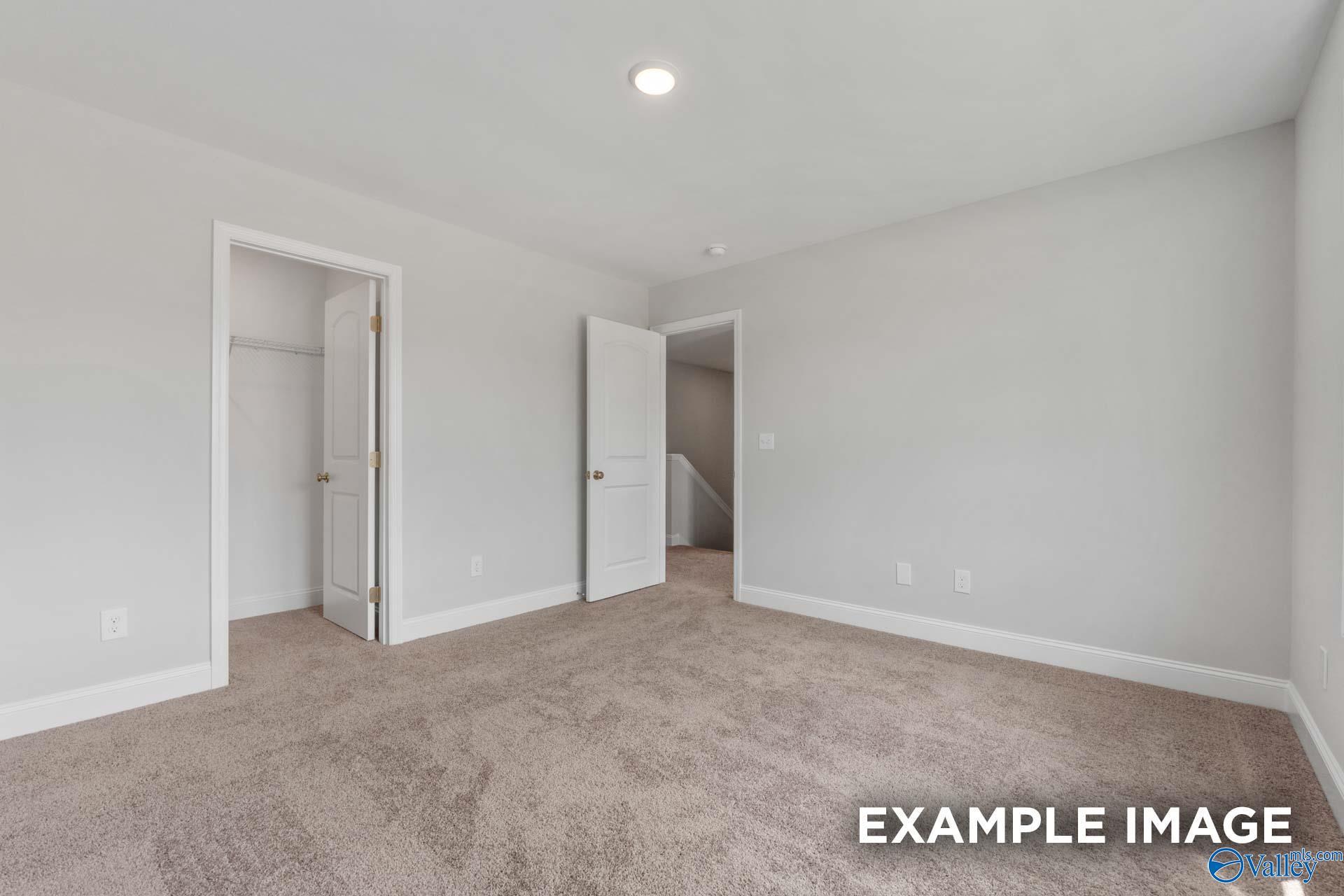 Spacious empty bedroom with light gray walls, beige carpet, open closet door in Davidson Homes The Shelby C, Meridianville, Alabama