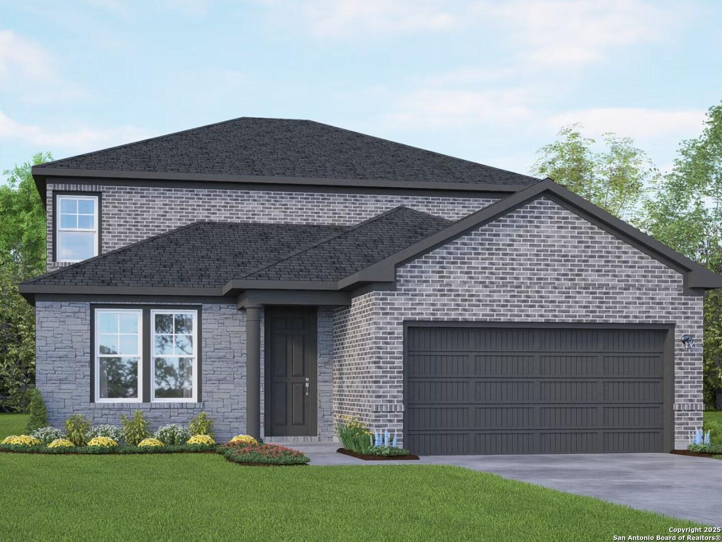 Modern two-story brick home with dark roof, 2-car garage, and landscaped yard in Bricewood, San Antonio, Texas - Davidson Homes Douglas F