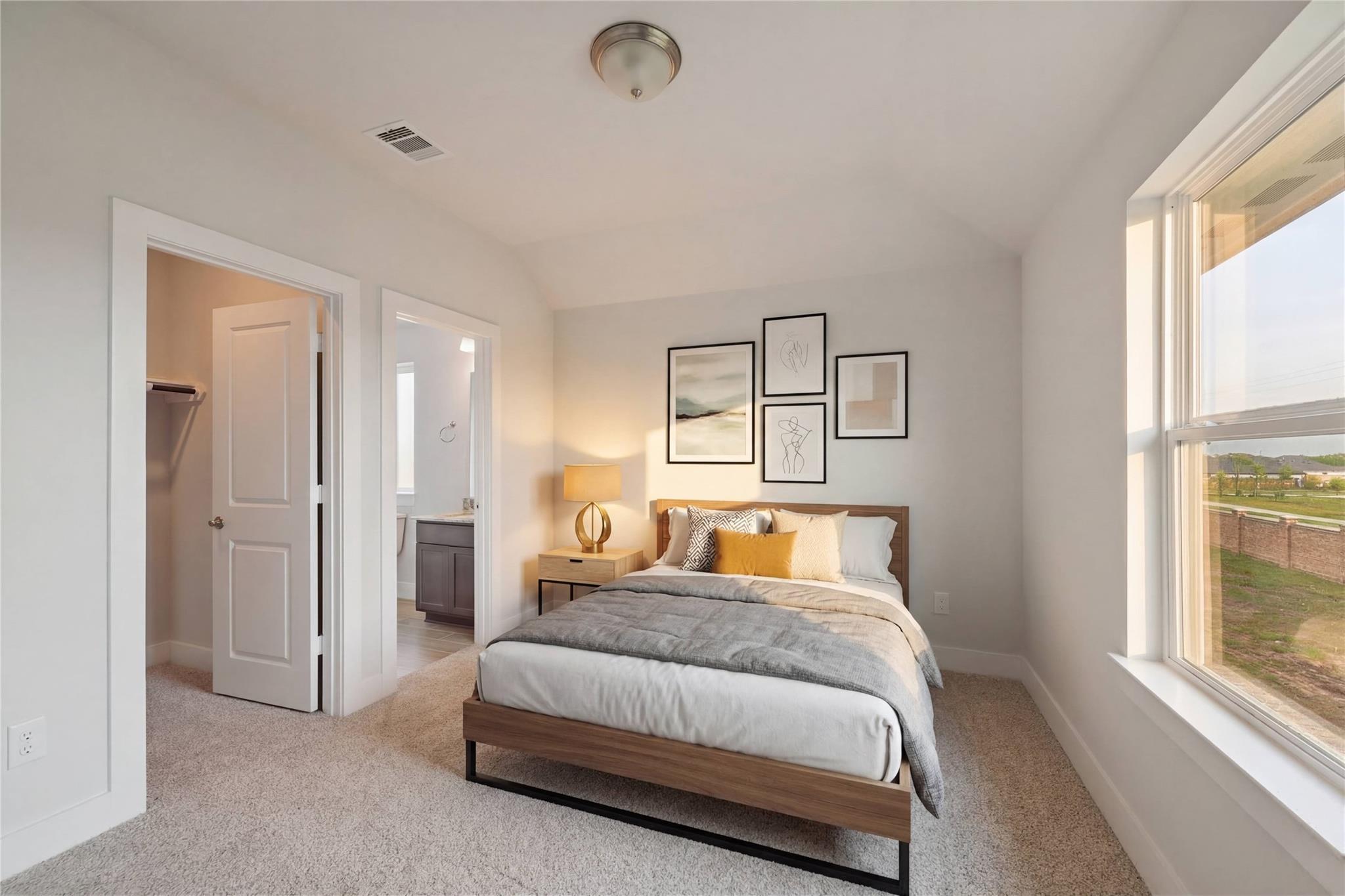 Cozy secondary bedroom with queen bed, neutral tones, wall art, and window view in Davidson Homes The Philip A, Lago Mar, Texas City