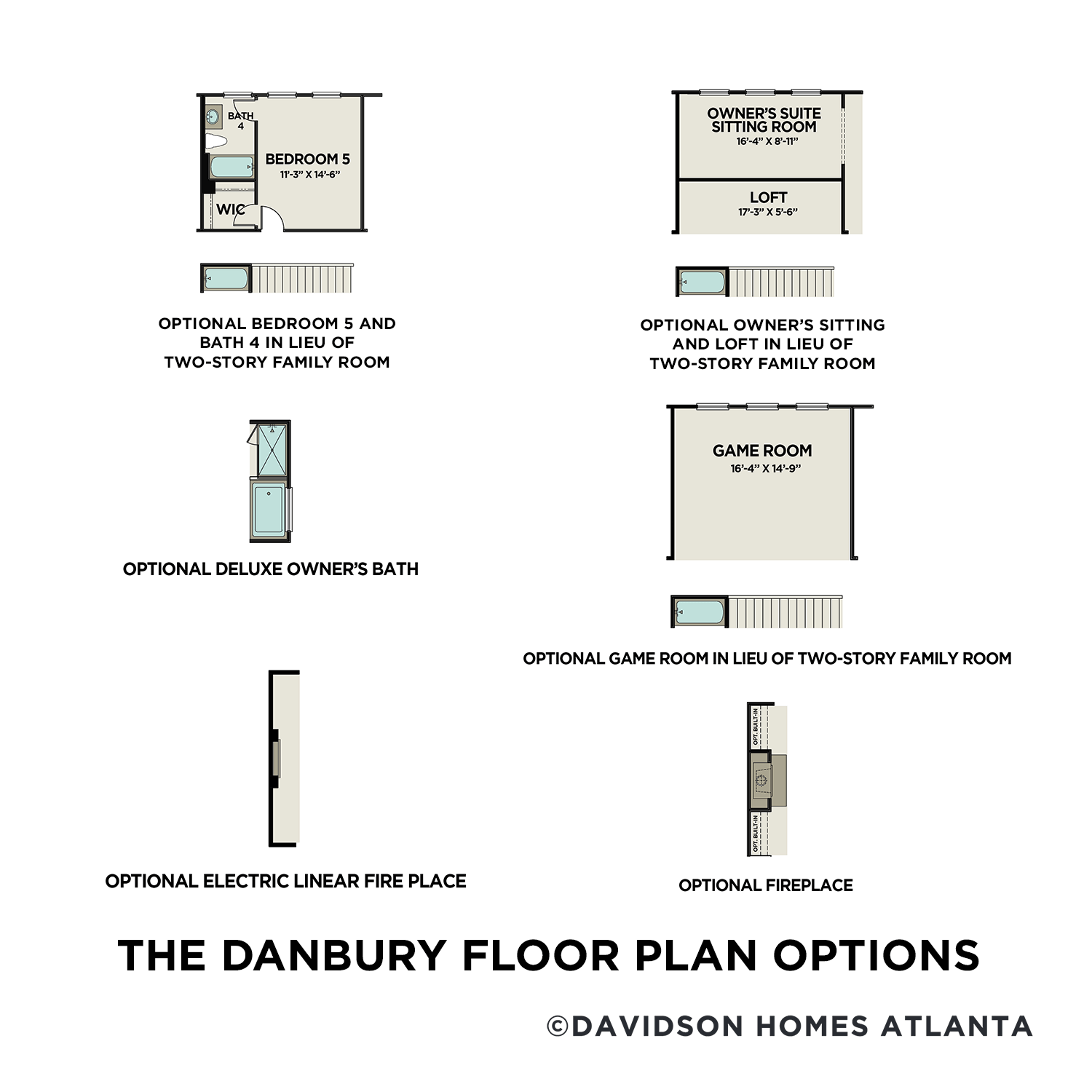 Danbury floor plan options by Davidson Homes: 5-bed, 4-bath layout with owner's suite, optional deluxe bath, game room & two-story family room