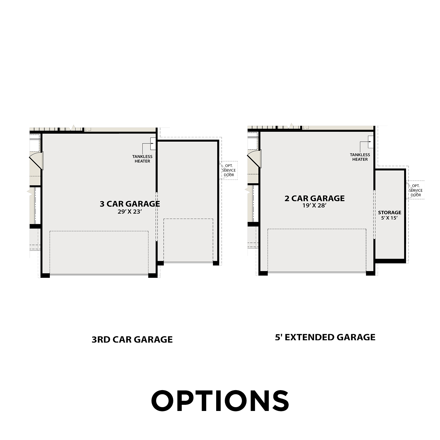 The Sabine home garage layouts by Davidson Homes: 2-car 19x20 ft and 3-car 23x22 ft options with storage