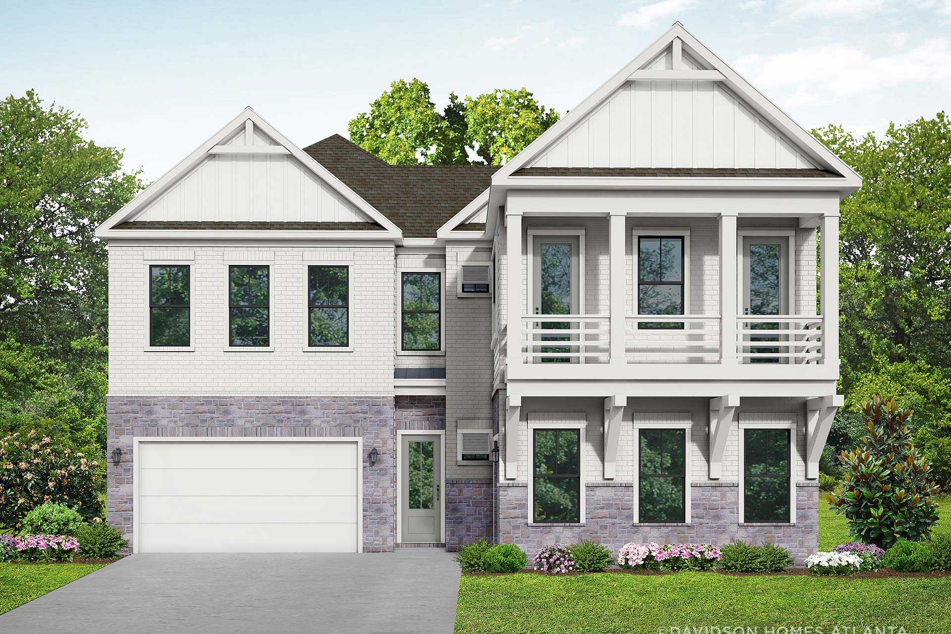 Two-story The Seaside home elevation by Davidson Homes featuring white siding, gray stone base, covered porch, and 3-car garage in Woodstock, GA