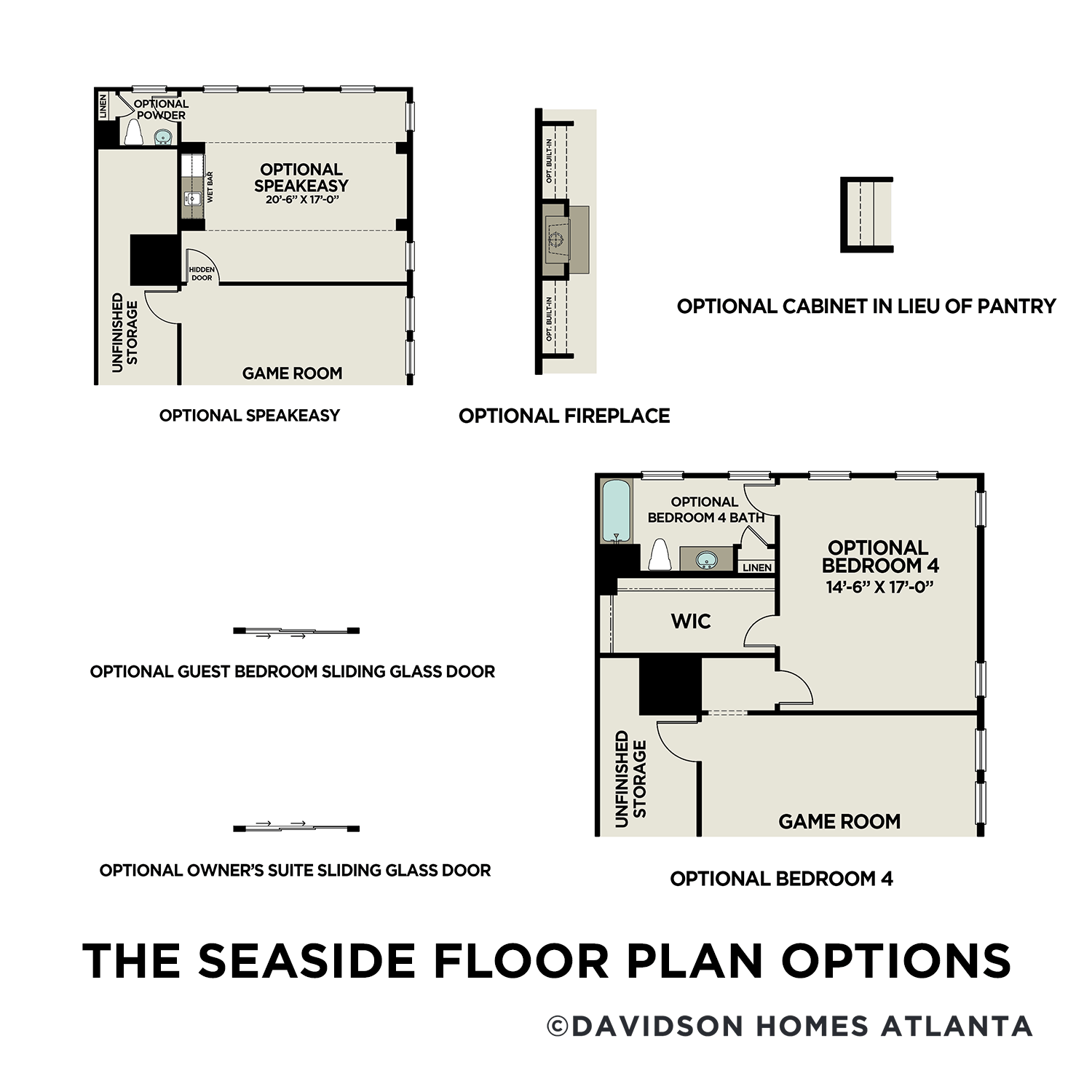 Upper floor plan of The Seaside A showcasing optional game room, bedroom 4, sunroom, and owner's suite with sliding glass door