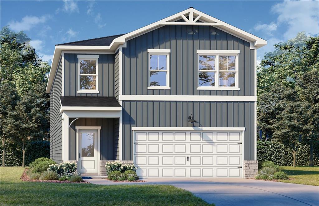 Modern two-story gray home with shake siding, 2-car garage, front porch in The Bluffs, Canton, Georgia - Davidson Homes Rabun C