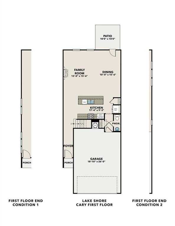Cary C first floor plan: open kitchen, family room, dining, 2-car garage, covered porch in 3-bed Winder, GA home