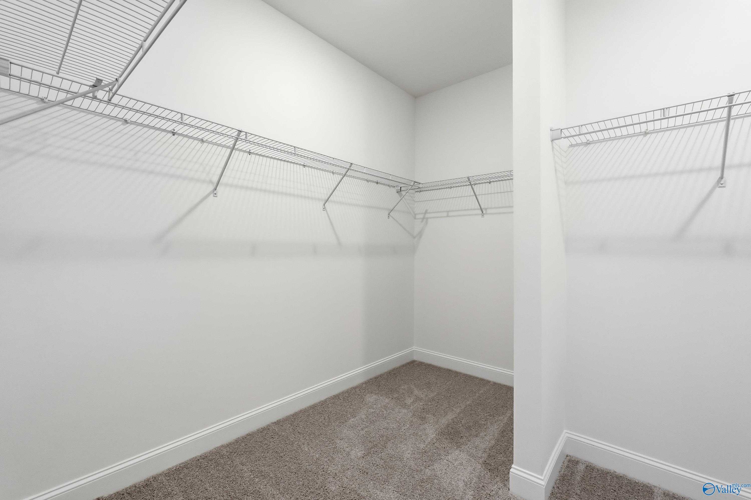 Spacious walk-in closet with wire shelving, white walls, and carpeted floor in Davidson Homes The Everett, Harvest, Alabama