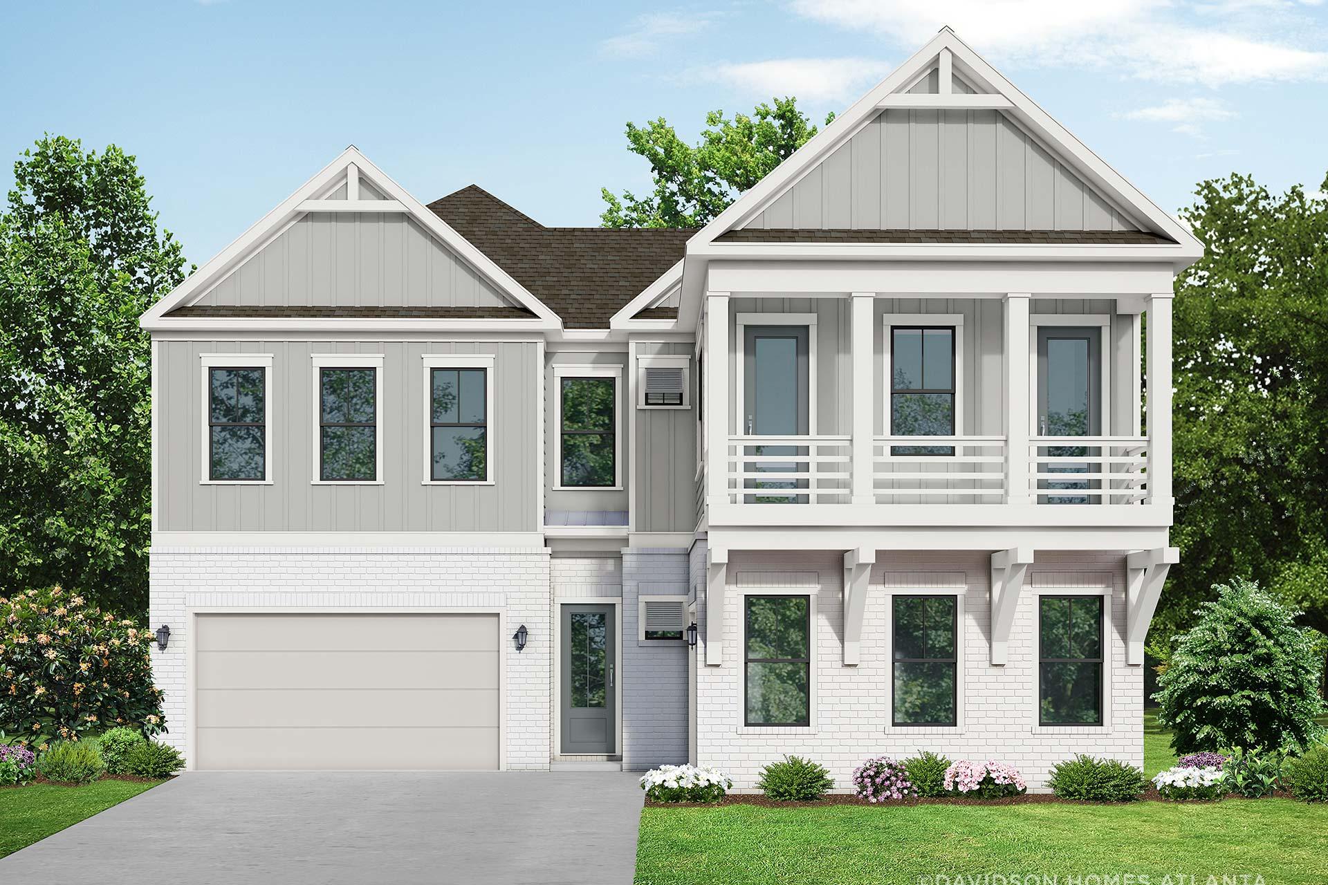 Two-story Seaside home elevation by Davidson Homes: gray siding, gabled roof, upper balcony, three-car garage, lush landscaping in Woodstock GA