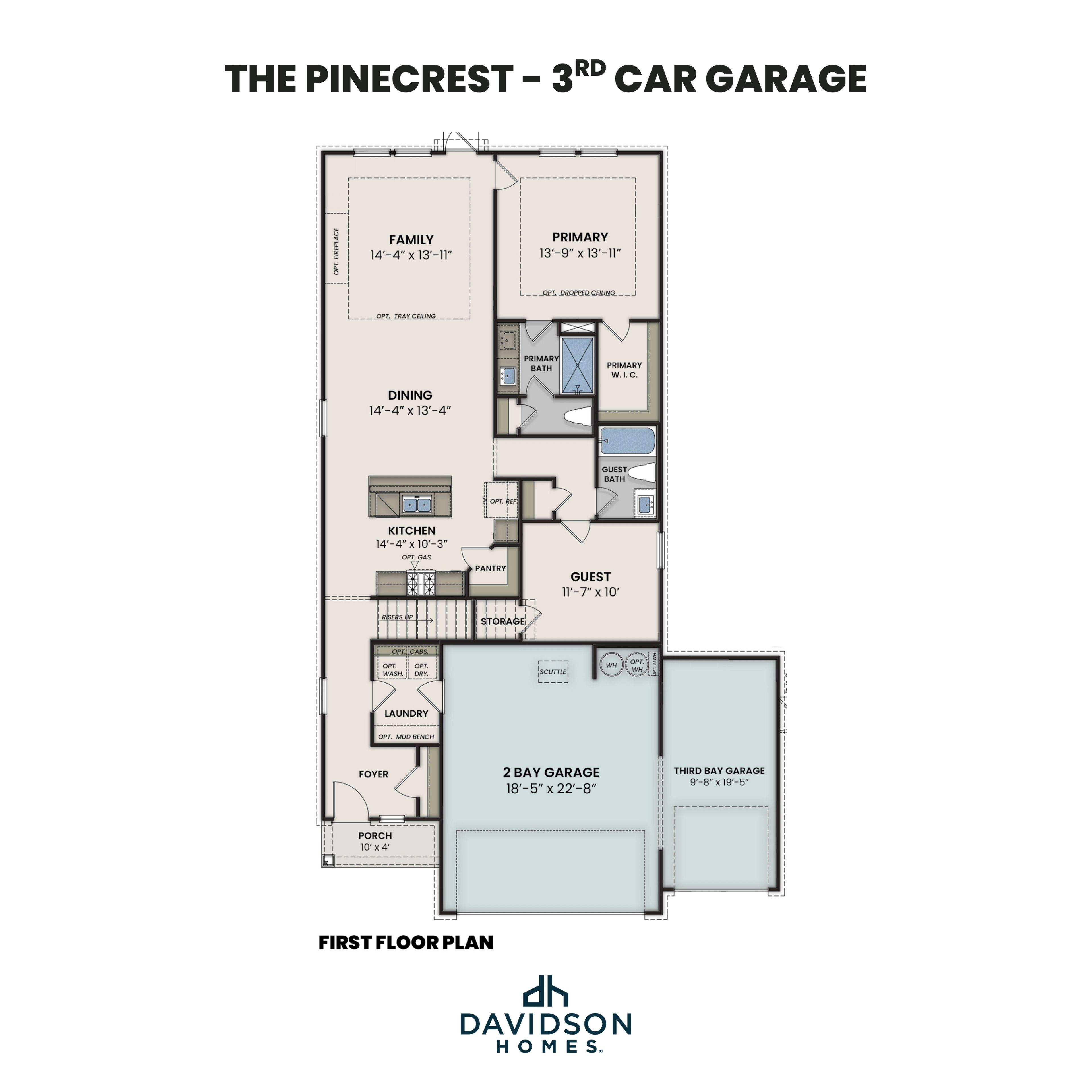 The Pinecrest first floor plan by Davidson Homes featuring open family room, dining, kitchen, primary suite, and 3-car garage