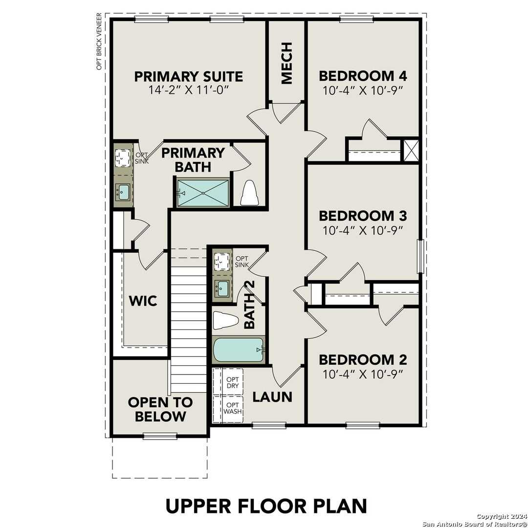 Upper floor plan of The Trinity D featuring primary suite, 3 bedrooms, baths, and walk-in closet in San Antonio, Texas