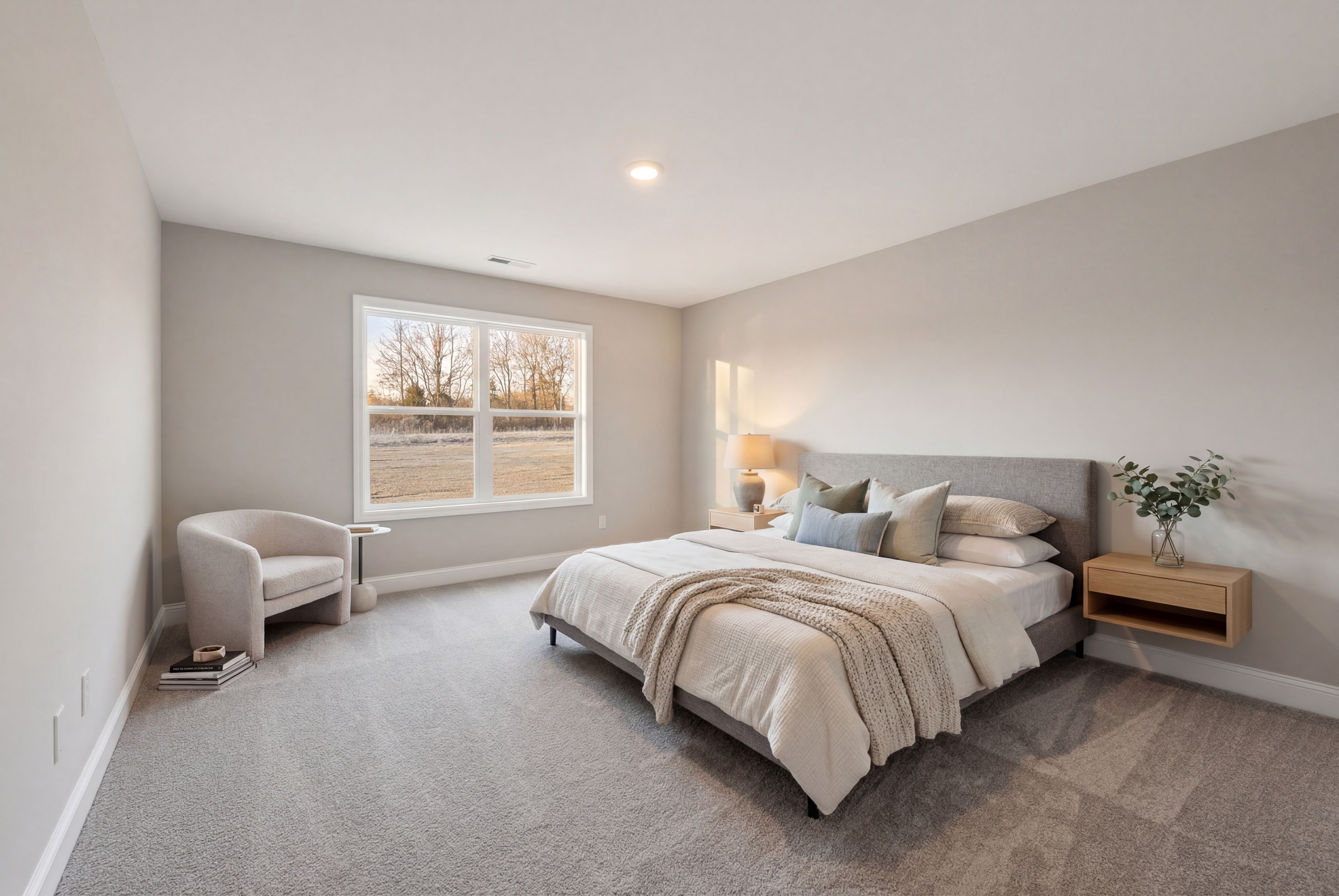 Spacious primary bedroom at Chapel Hill in Athens Alabama with neutral gray walls king bed armchair and large window