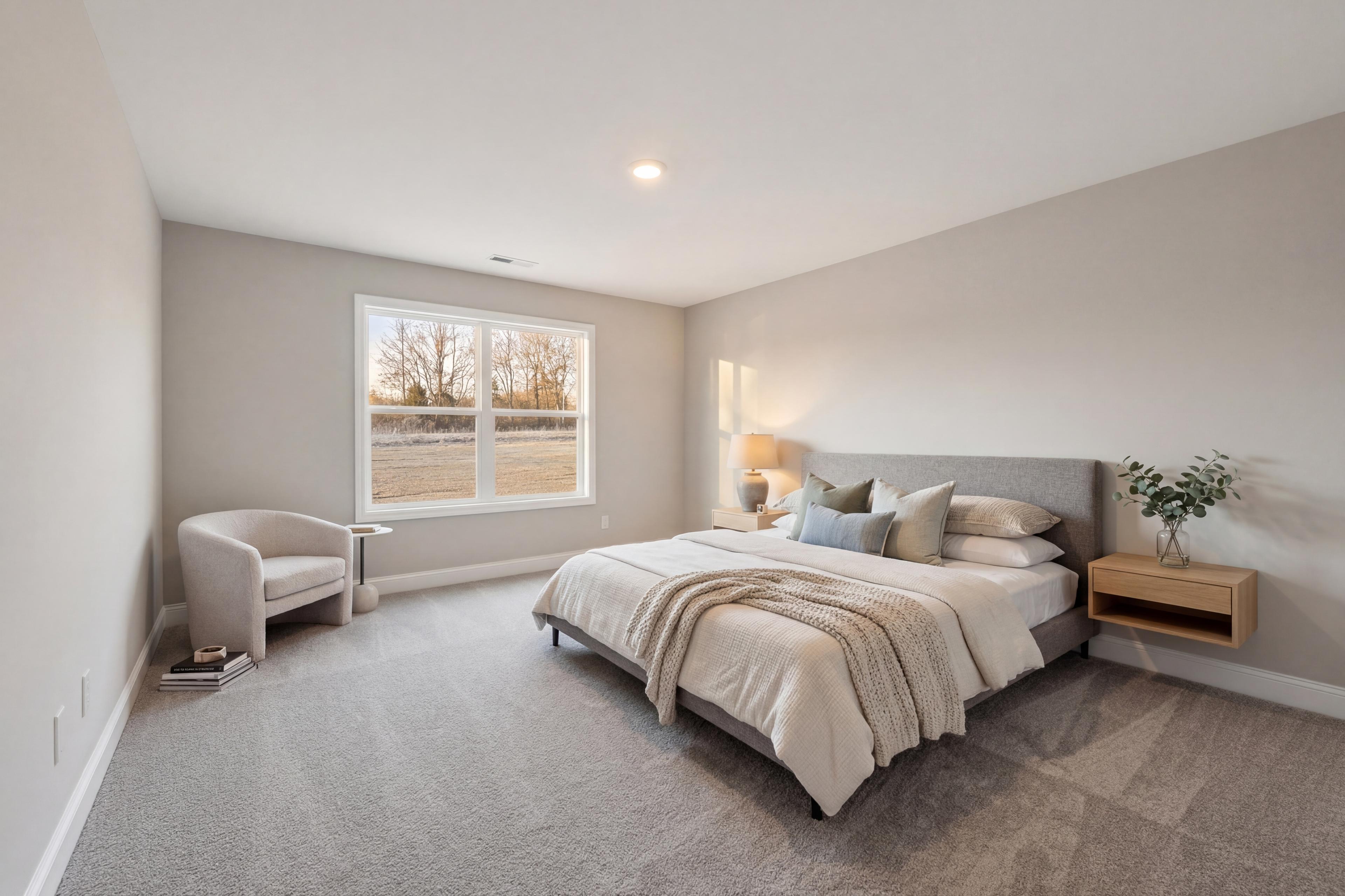 Spacious primary bedroom at Chapel Hill in Athens Alabama with neutral gray walls king bed armchair and large window