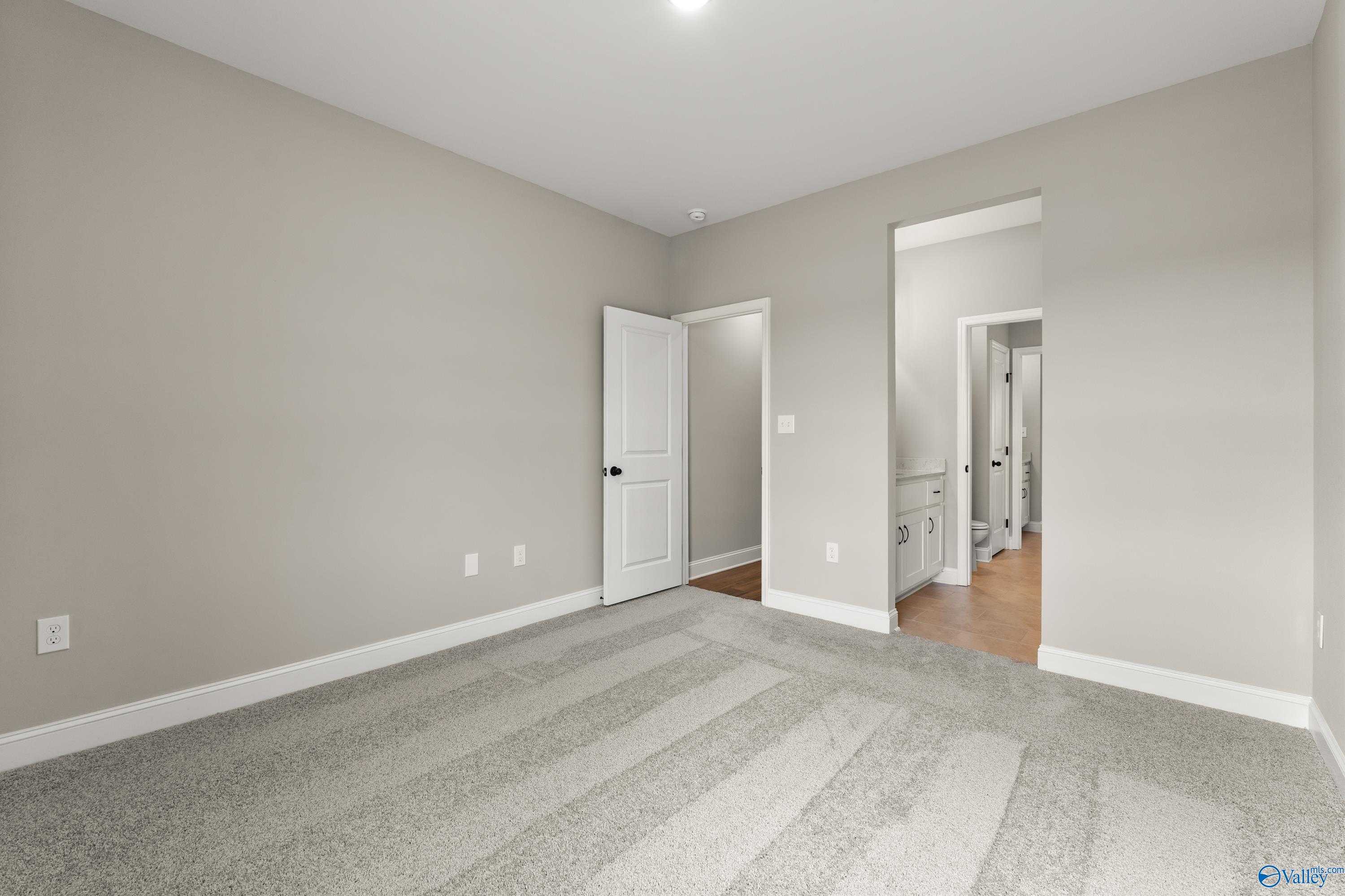 Master bedroom with attached bathroom featuring modern vanity and tile accents in Davidson Homes The Finleigh, Toney, Alabama