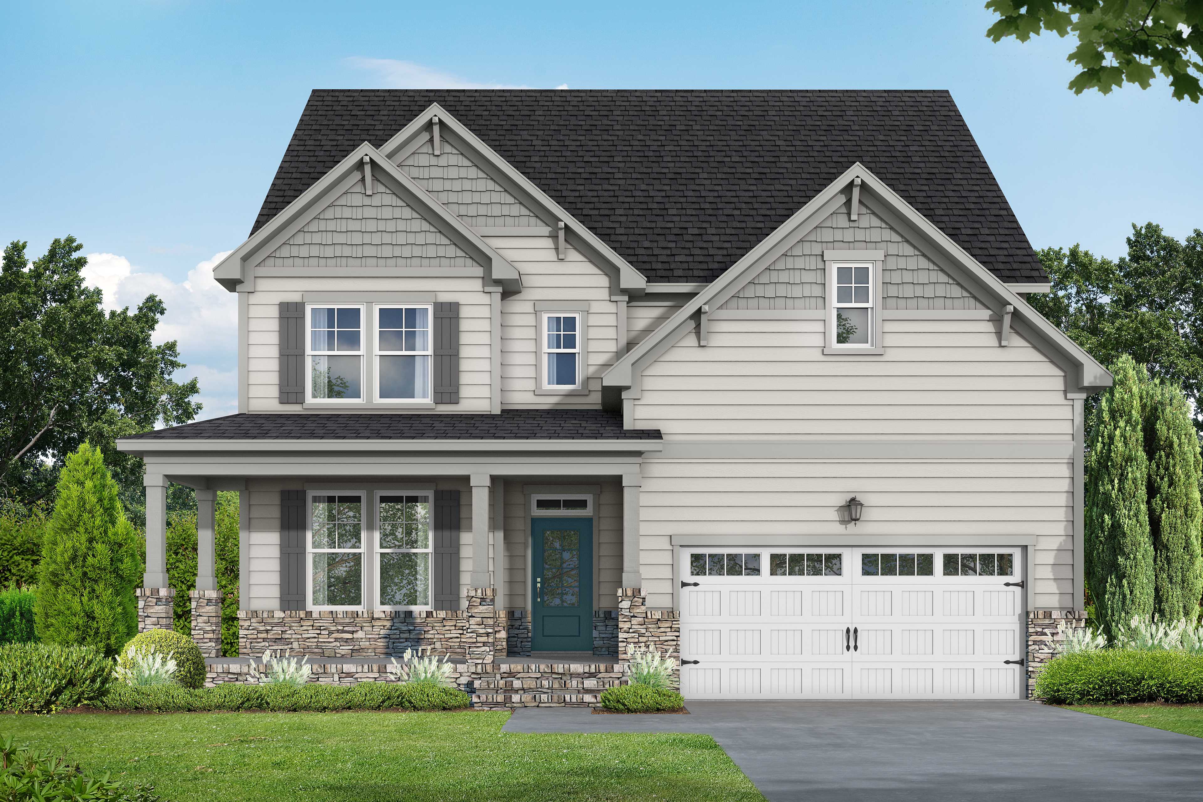 Two-story Hickory II home elevation with gray siding, black roof, covered porch, blue door, and two-car garage in Wake Forest