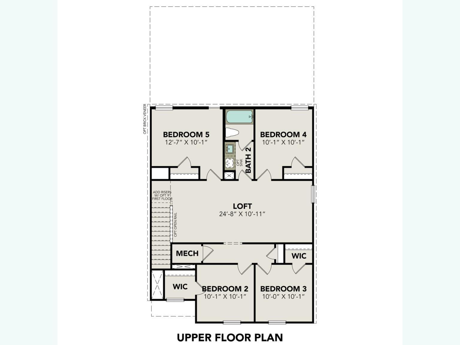 Upper floor plan of The Brazos E: four bedrooms, 24x15 loft, baths, WICs in 5-bed Davidson Homes, Magnolia, TX