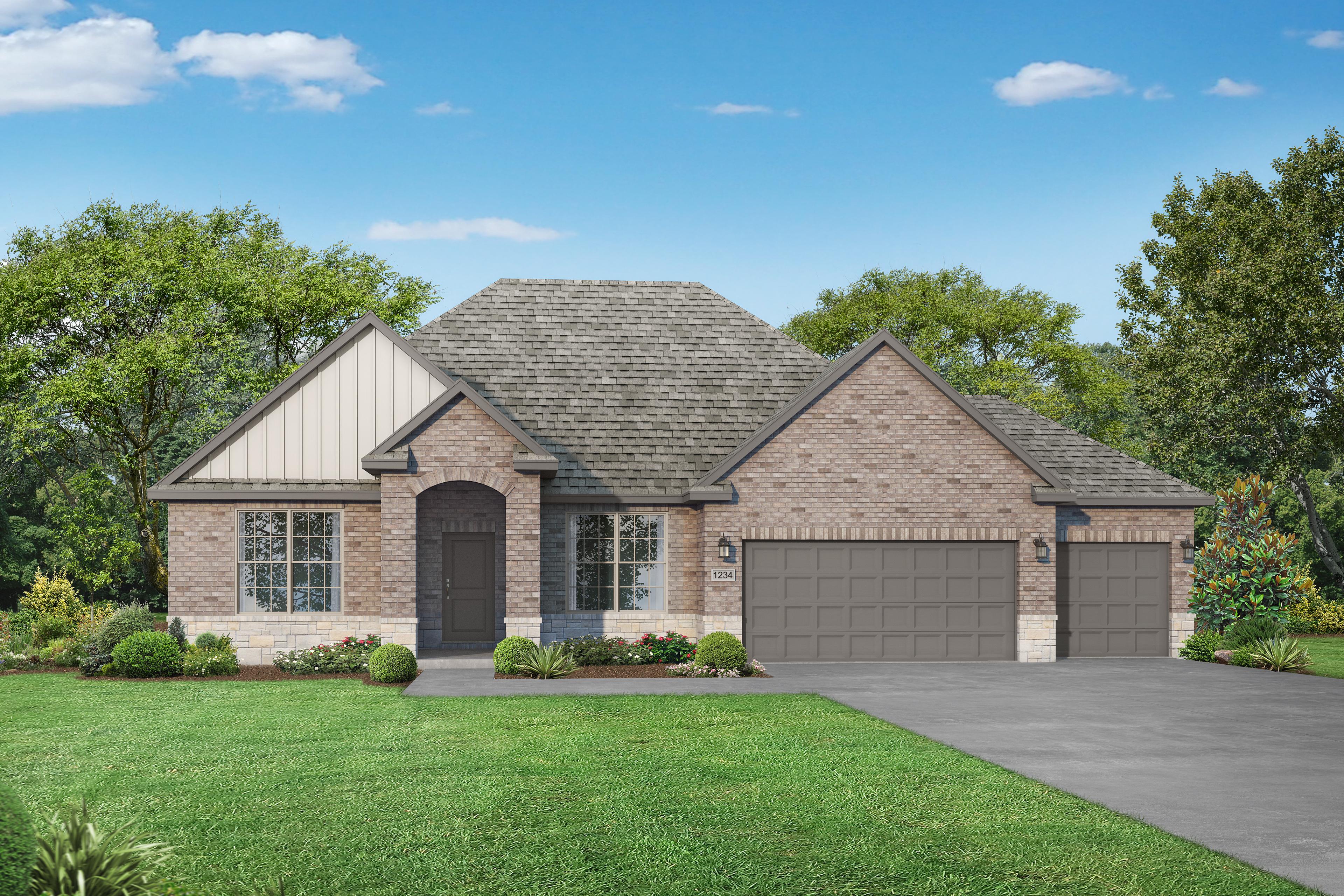 Harrison D single-story home elevation with brick and siding facade, arched entry, 3-car garage, and lush landscaping
