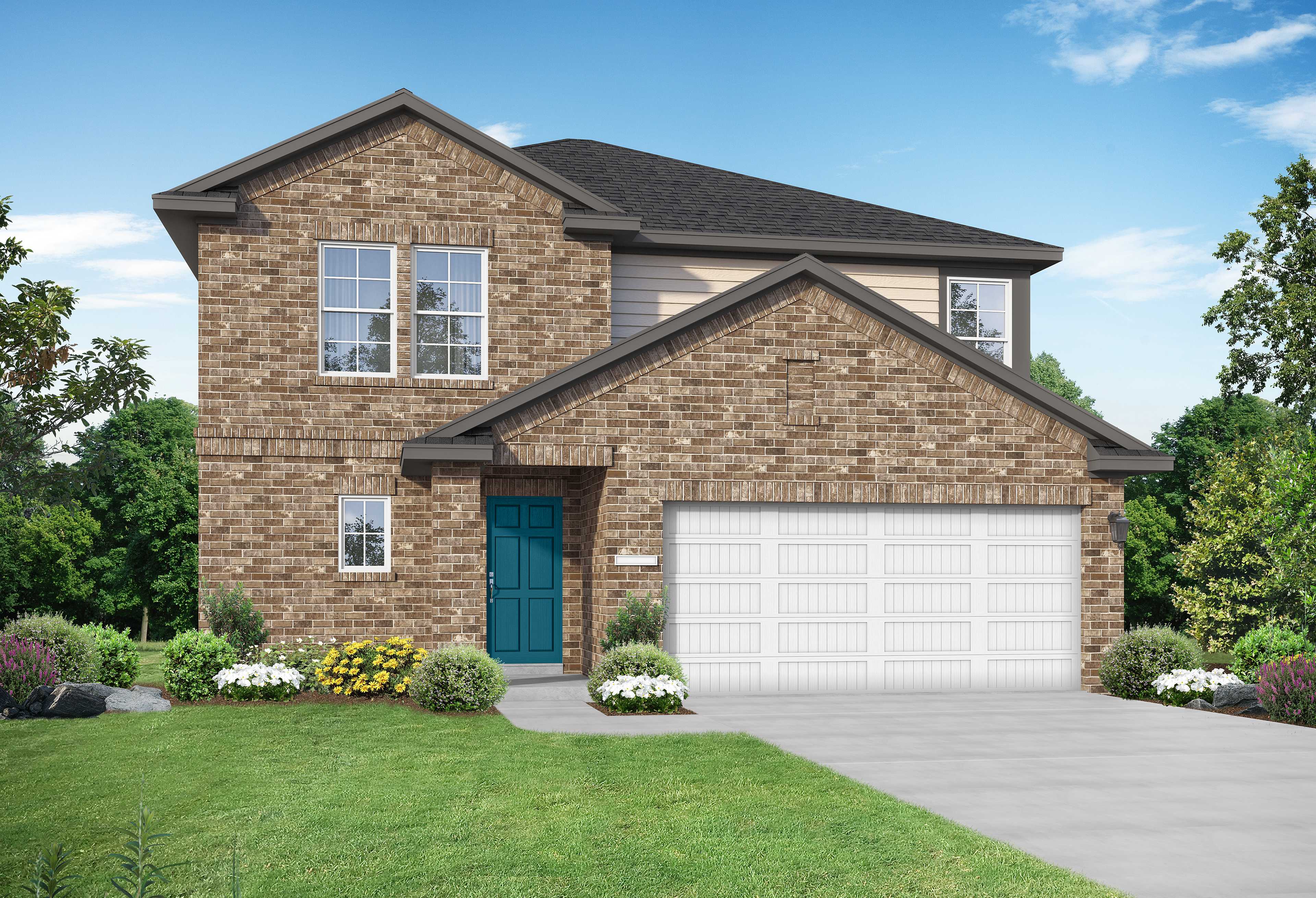 Exterior of The Tierra A, a two-story home with landscaping